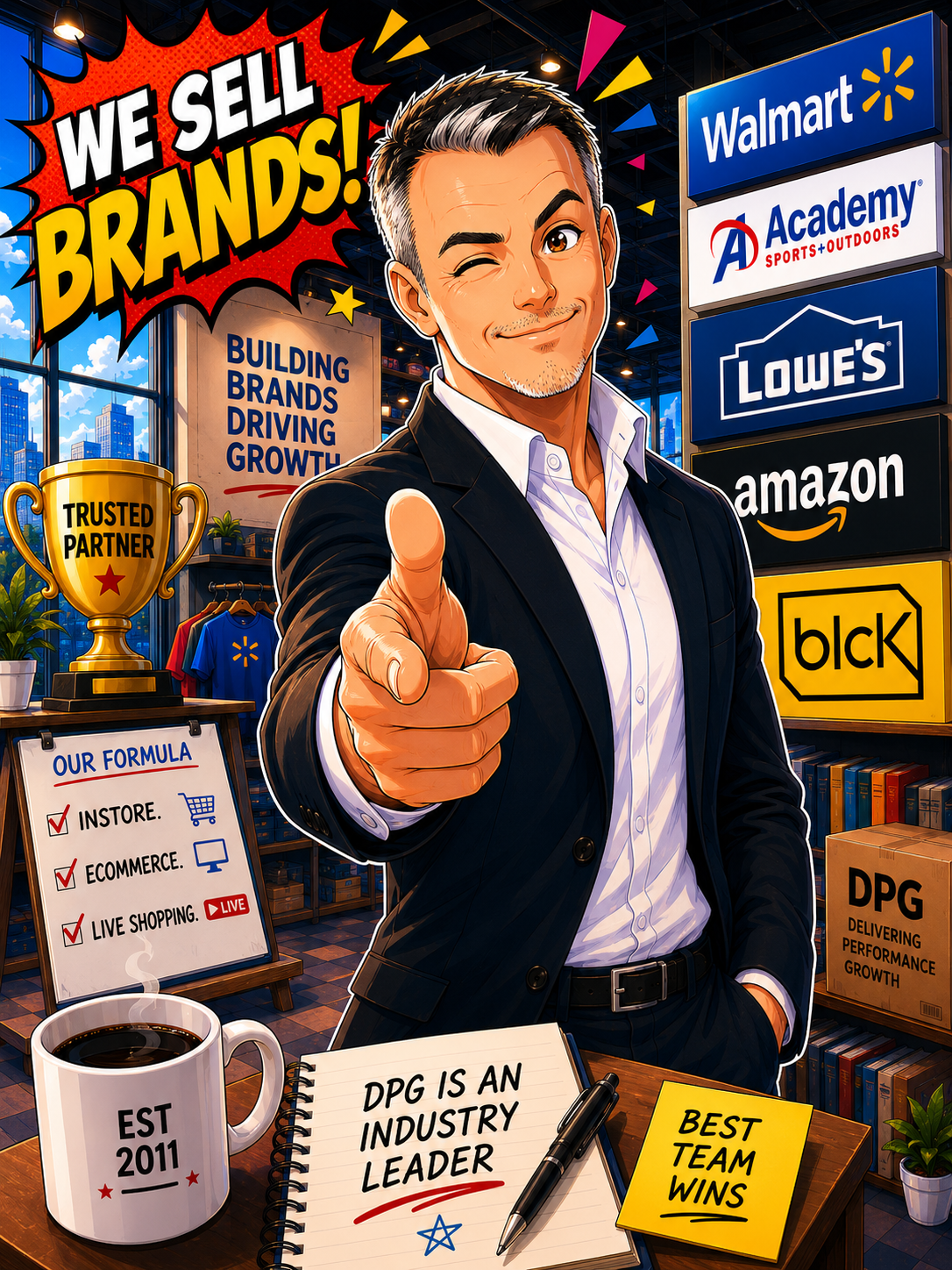 Cartoon illustration of George W. Davison, CEO of DPG Distribution, a consumer product master sales rep broker.