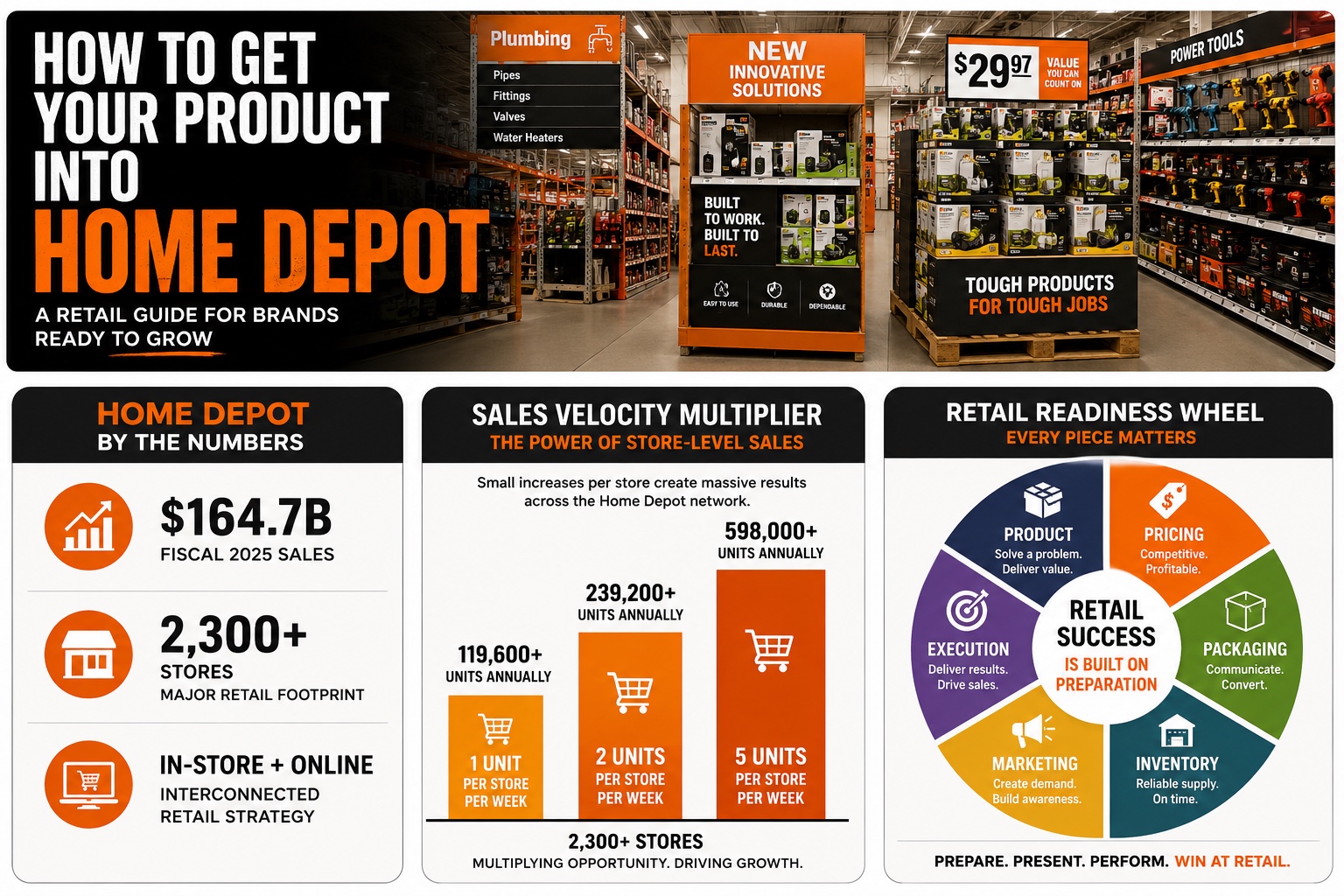 Infographic outlining how to get products into Home Depot, detailing retail metrics, sales velocity multipliers, and retail readiness steps by DPG Distribution.