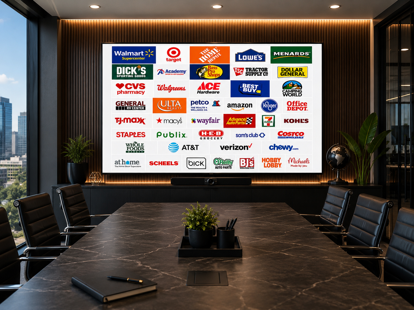 A luxury showroom wall displaying top retail brand logos represented by DPG Distribution, including Walmart, Target, Home Depot, Lowe's, Costco, and Amazon.