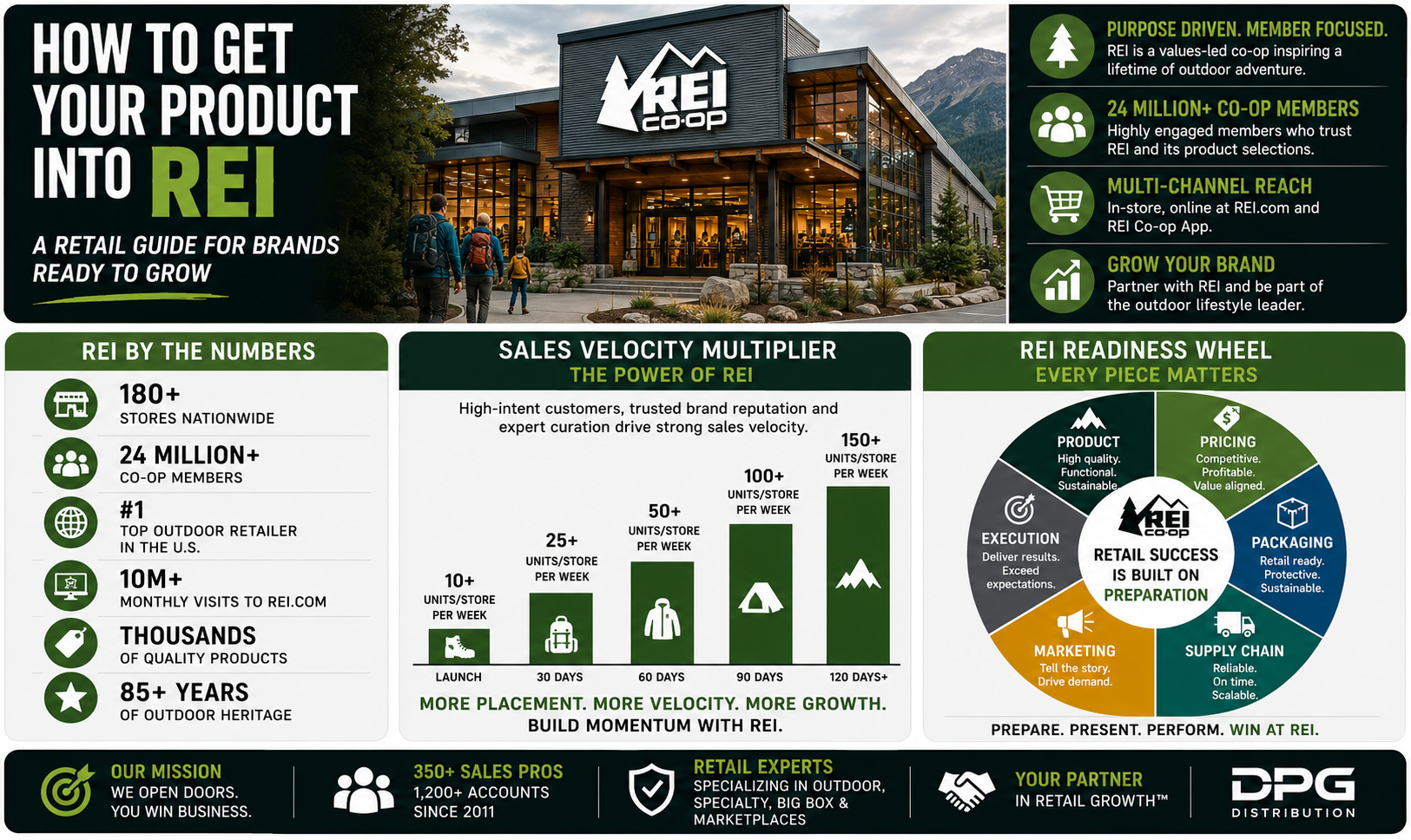 REI store exterior graphic and DPG Distribution sales representation framework