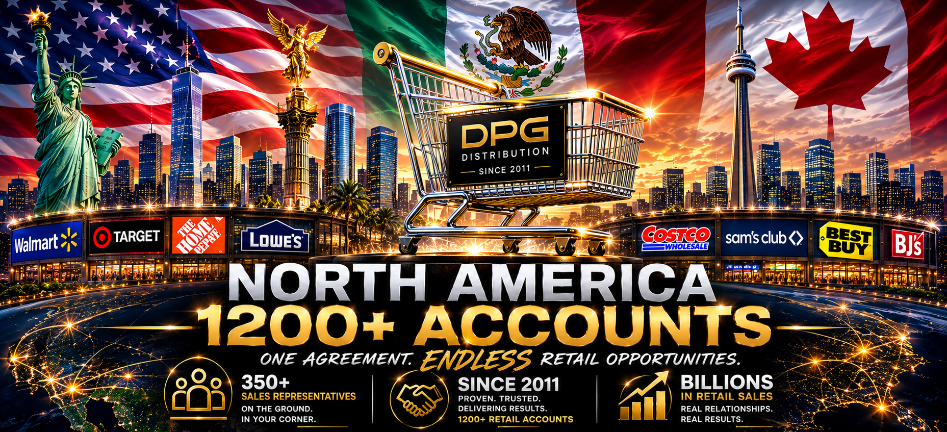 DPG Distribution corporate banner highlighting a retail network of over 1200 accounts across North America against a cityscape backdrop.