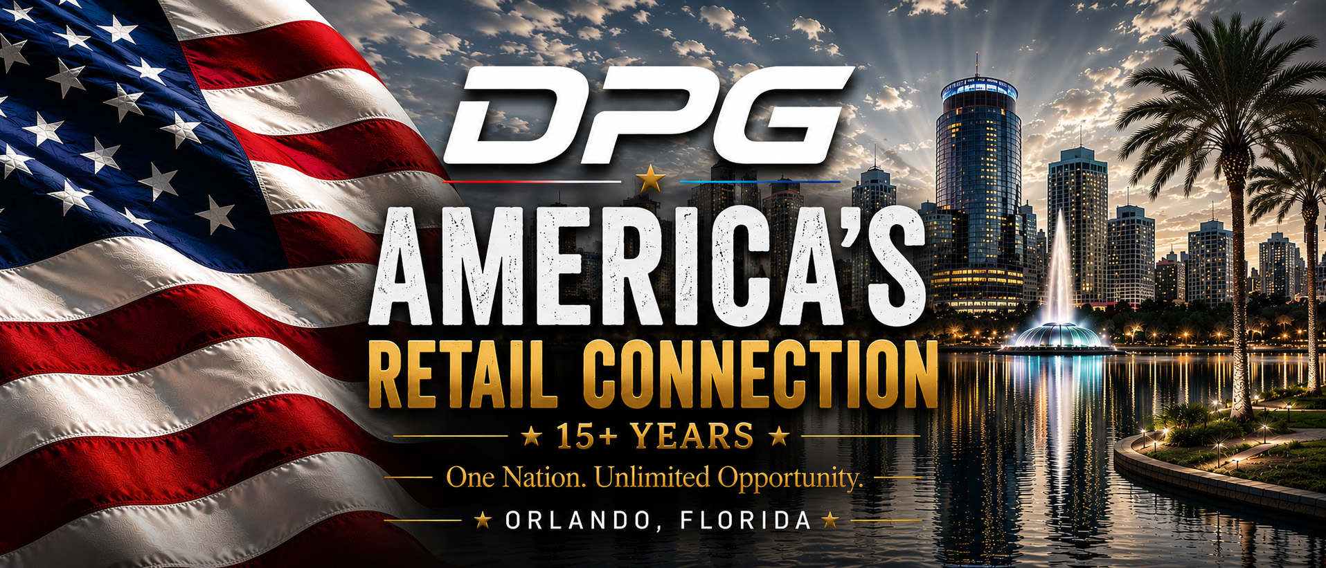 DPG Distribution graphic with an American flag theme and the headline America's Retail Connection, highlighting 15 plus years of master sales representation in Orlando, Florida.