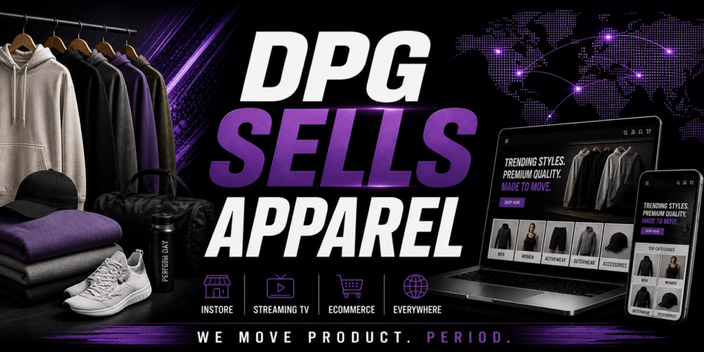 DPG Distribution graphic with the headline DPG Sells Apparel, displaying folded clothing, shoes, and retail service icons for instore, streaming TV, ecommerce, and everywhere placement.