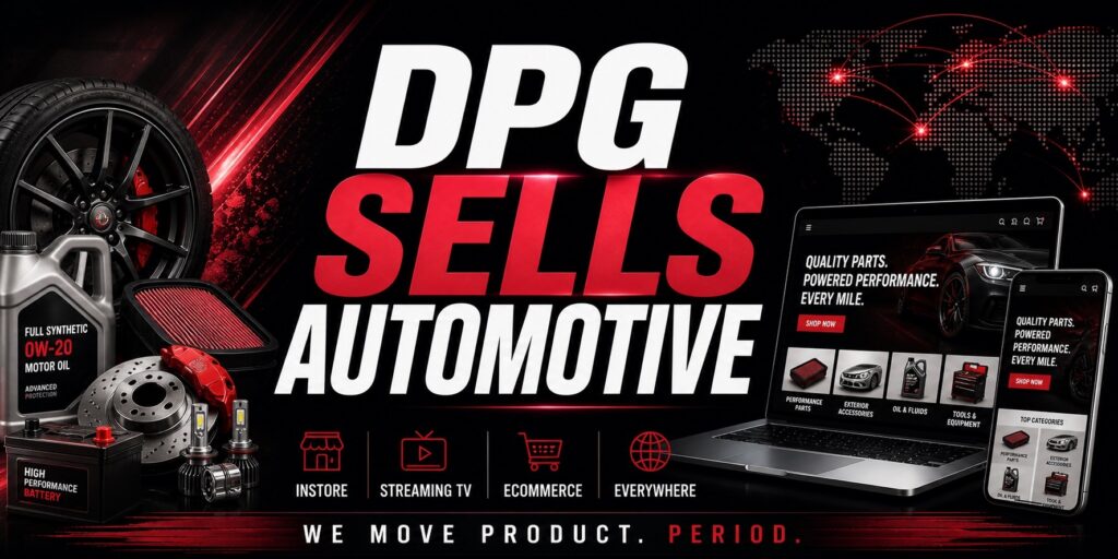 DPG Distribution graphic with the headline DPG Sells Automotive, displaying performance car parts, wheels, and tools with retail service icons for instore, streaming TV, ecommerce, and everywhere placement.
