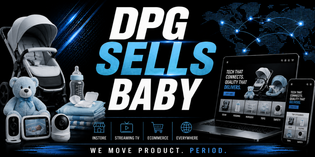 DPG Distribution graphic with the headline DPG Sells Baby, displaying infant car seats, strollers, and nursery items with retail service icons for instore, streaming TV, ecommerce, and everywhere placement.