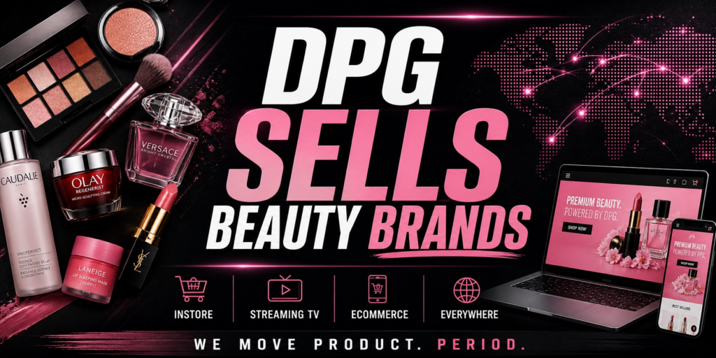 DPG Distribution graphic with the headline DPG Sells Beauty Brands, showcasing makeup and cosmetics background with service icons for instore, streaming TV, ecommerce, and everywhere placement.