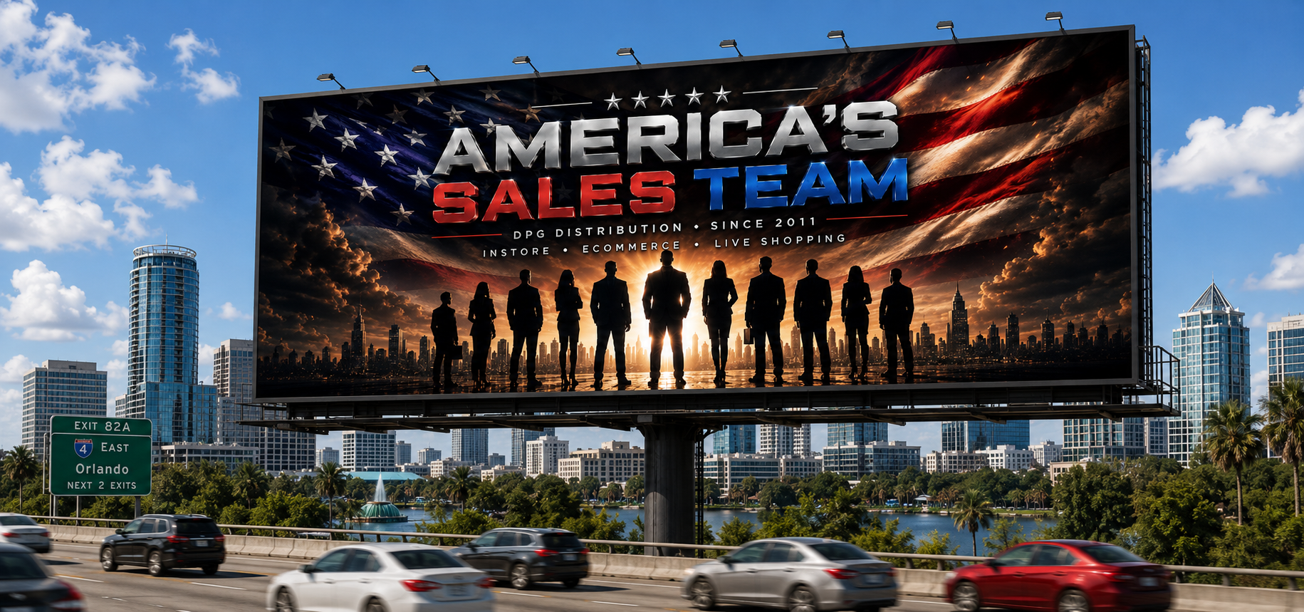 Distribution billboard on Interstate 4 in Orlando featuring America's Sales Team slogan with highway traffic during day.