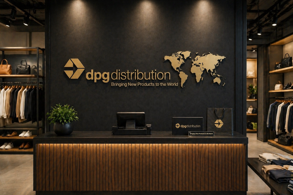 DPG Distribution corporate office reception counter showcasing the company logo and a world map display representing global retail product placement.