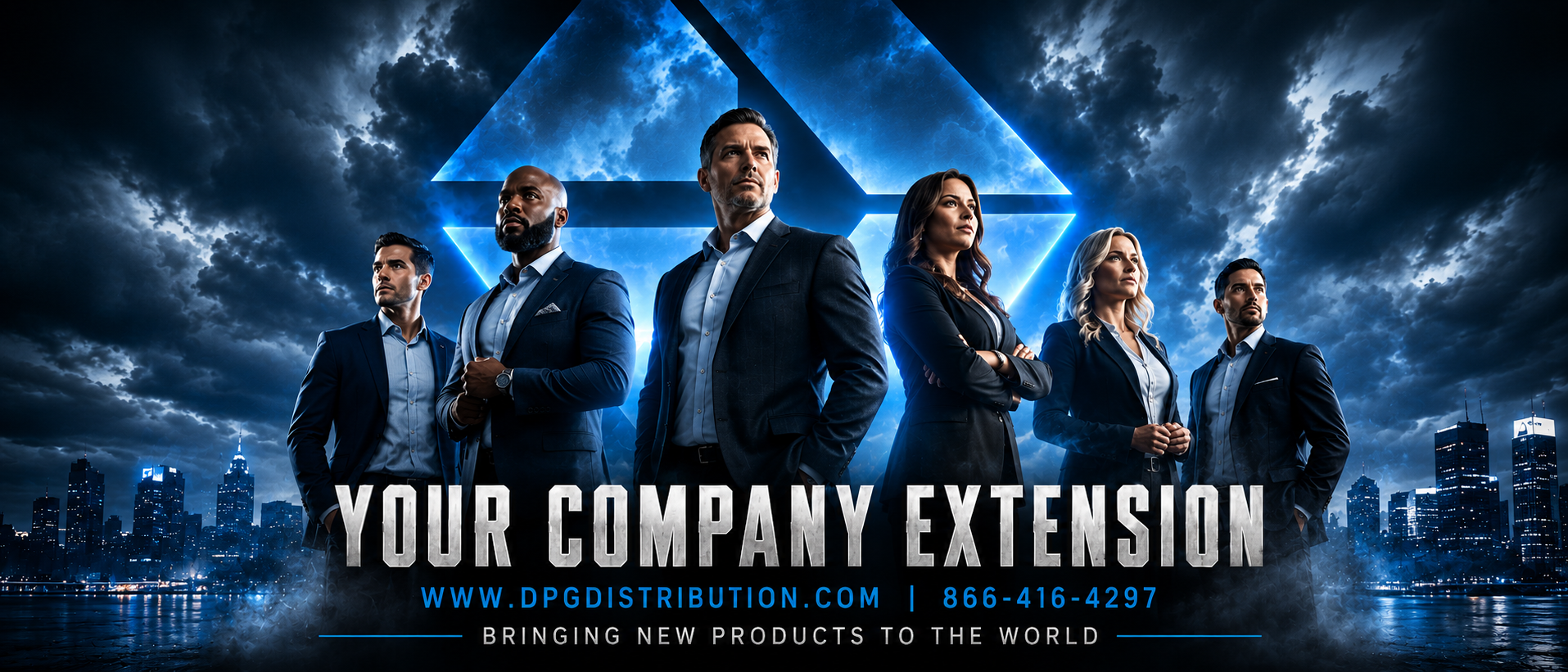 DPG Distribution professional sales rep team standing together under blue lighting with text reading Your Company Extension.
