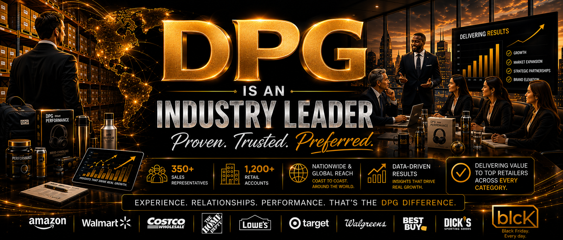 DPG Distribution corporate banner highlighting the firm as an industry leader in bringing consumer products to major retail markets.