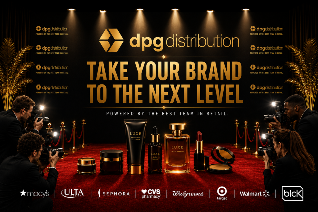 DPG Distribution professional retail presentation graphic titled Take Your Brand to the Next Level, showcasing premium retail distribution solutions and brand placement strategies.