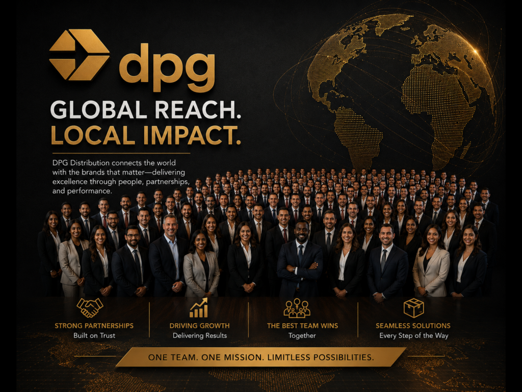 A large professional group of DPG Distribution corporate staff and national sales representatives posing together under a global reach local impact logo.