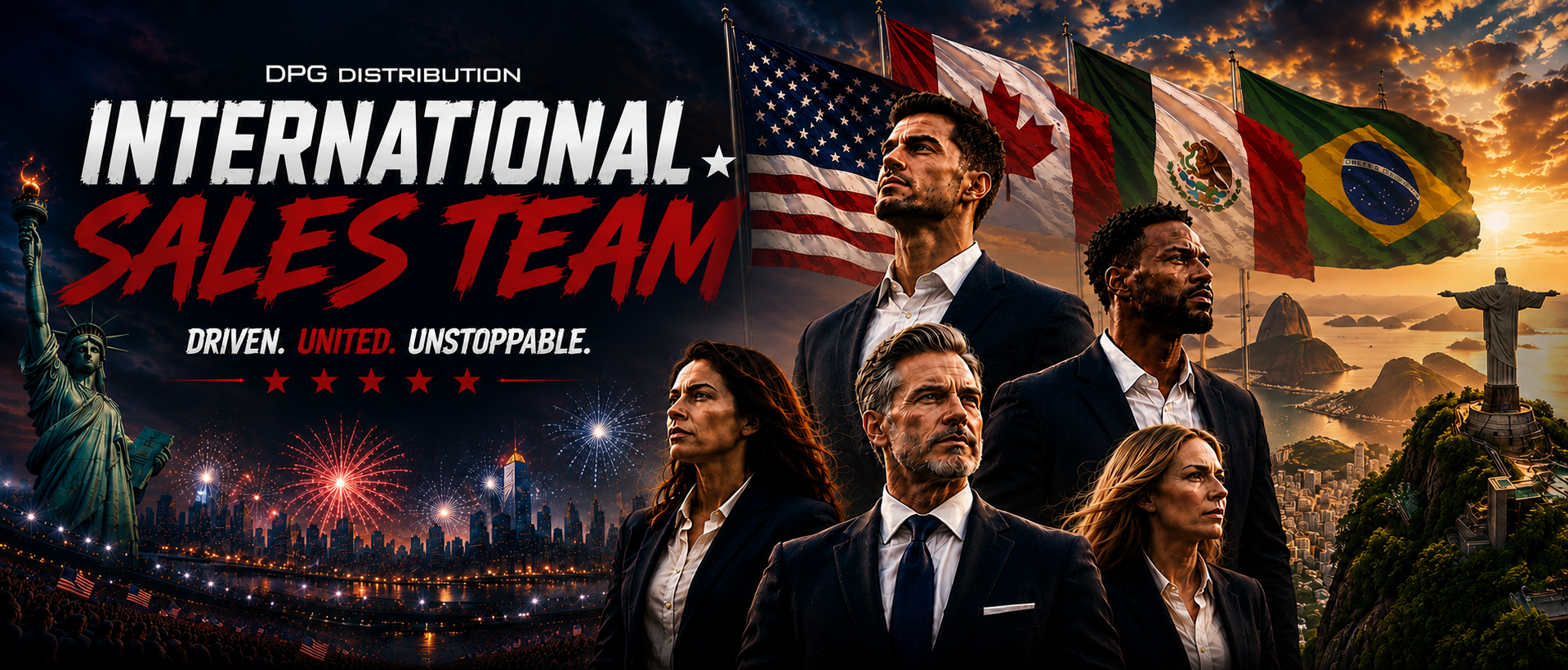 Collage showcasing the DPG Distribution international sales team and independent manufacturers reps against a backdrop of global flags and cityscapes.