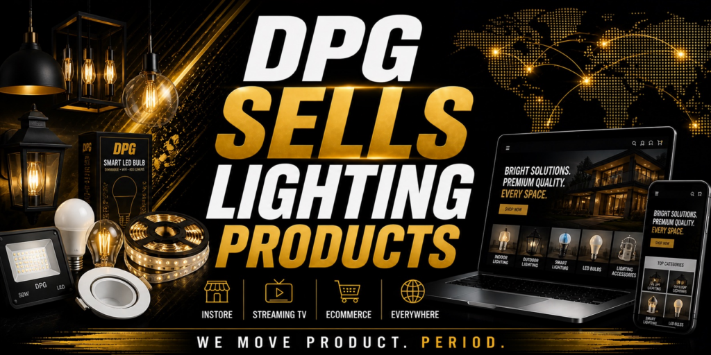 DPG Distribution graphic with the headline DPG Sells Lighting Products, displaying a modern light fixture and illumination setup with retail service icons for instore, streaming TV, ecommerce, and everywhere placement.