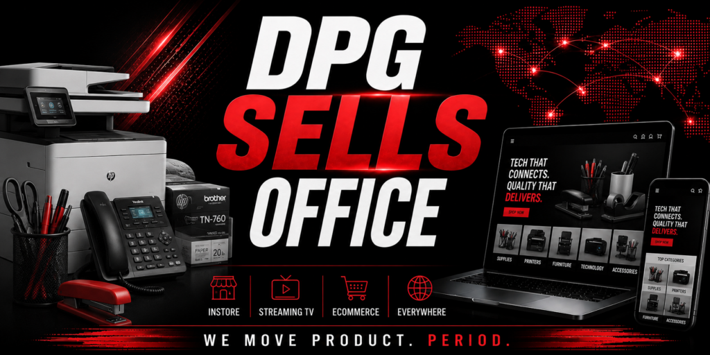 DPG Distribution graphic with the headline DPG Sells Office, displaying an office setup, desk accessories, and retail service icons for instore, streaming TV, ecommerce, and everywhere placement.