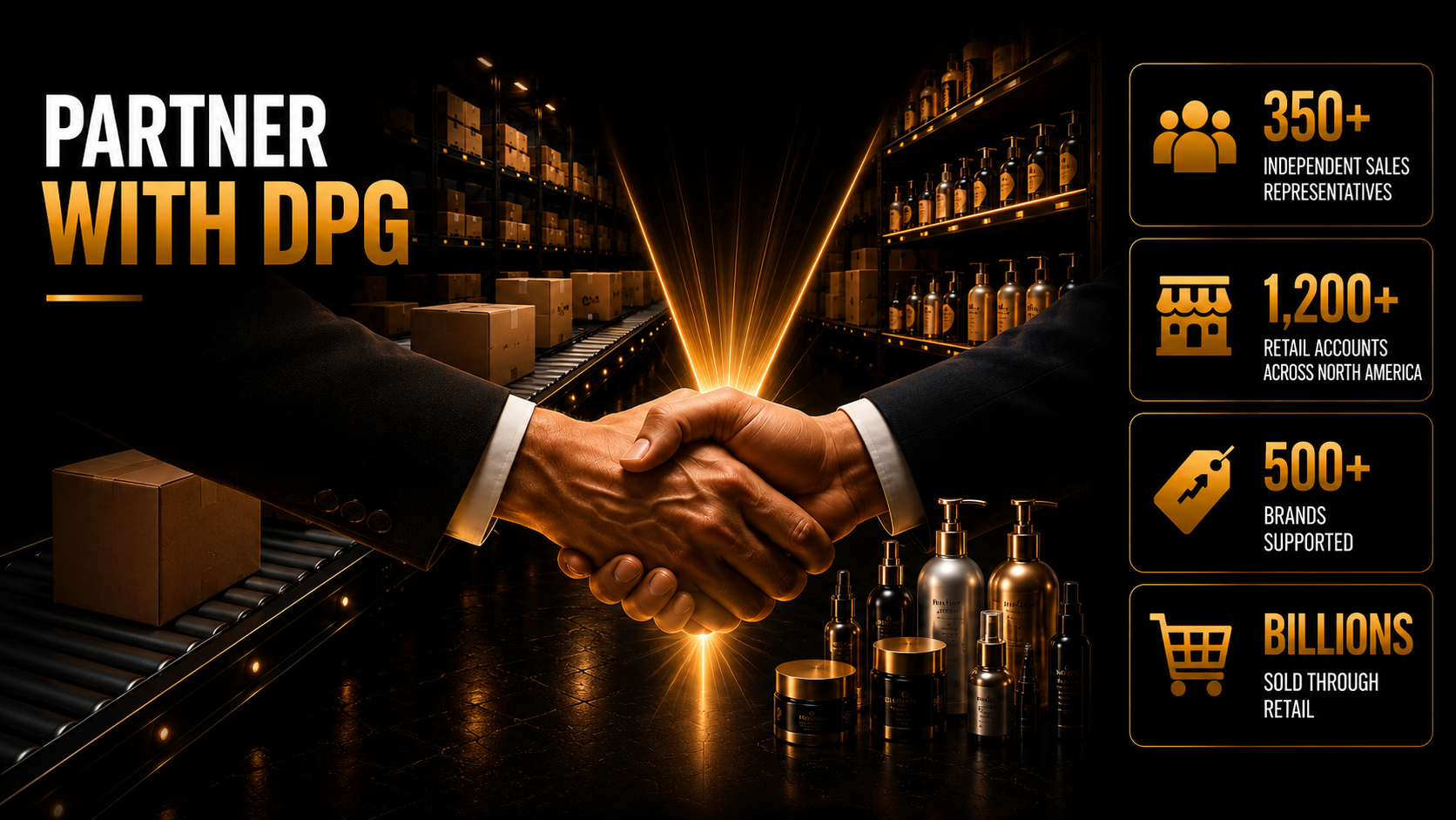 DPG Distribution infographic with the headline One Partner. Unlimited Opportunities. showcasing business statistics including over 1200 retail accounts and a gold calendar emblem.