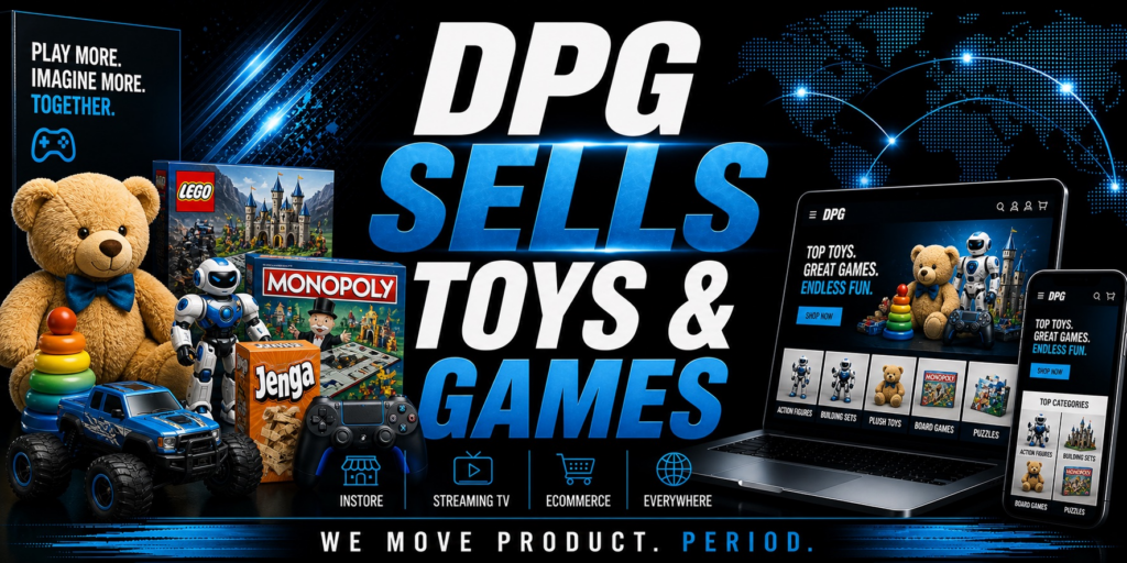 DPG Distribution graphic with the headline DPG Sells Toys & Games, displaying family board games and a gaming controller with retail service icons for instore, streaming TV, ecommerce, and everywhere