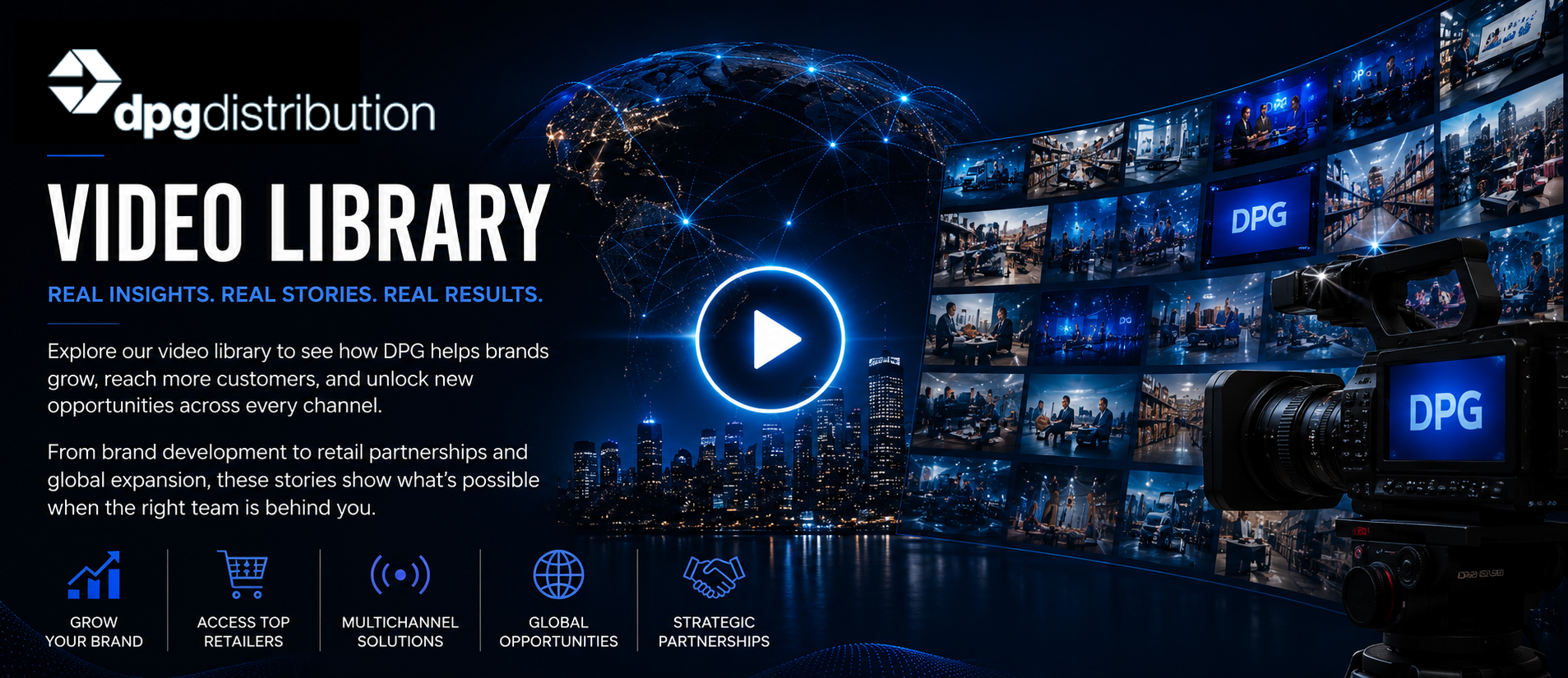 DPG Distribution video library banner showing solutions for brand building, retail distribution, and national sales team representation.