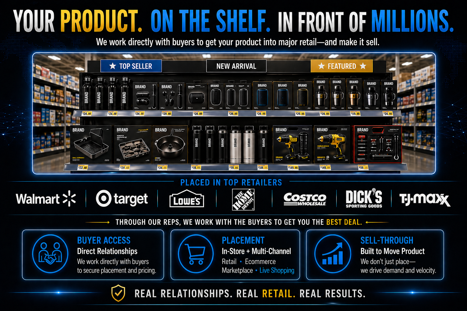 Consumer product display on retail shelves under major national chain banners including Walmart, Target, Best Buy, and Home Depot.
