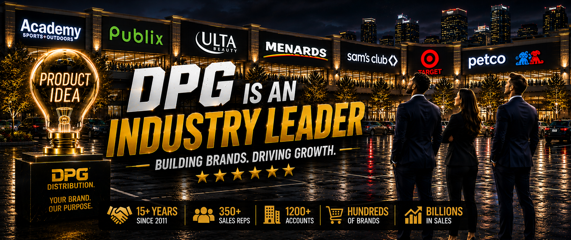 DPG Distribution corporate marketing banner stating DPG Is An Industry Leader, displaying retail partner logos like Netflix, Ulta, Menards, and Sam's Club.