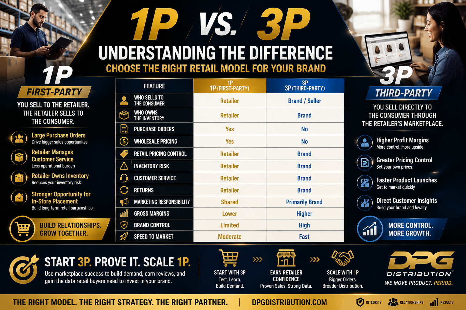 Infographic outlining how to get products into Home Depot, detailing retail metrics, sales velocity multipliers, and retail readiness steps by DPG Distribution.