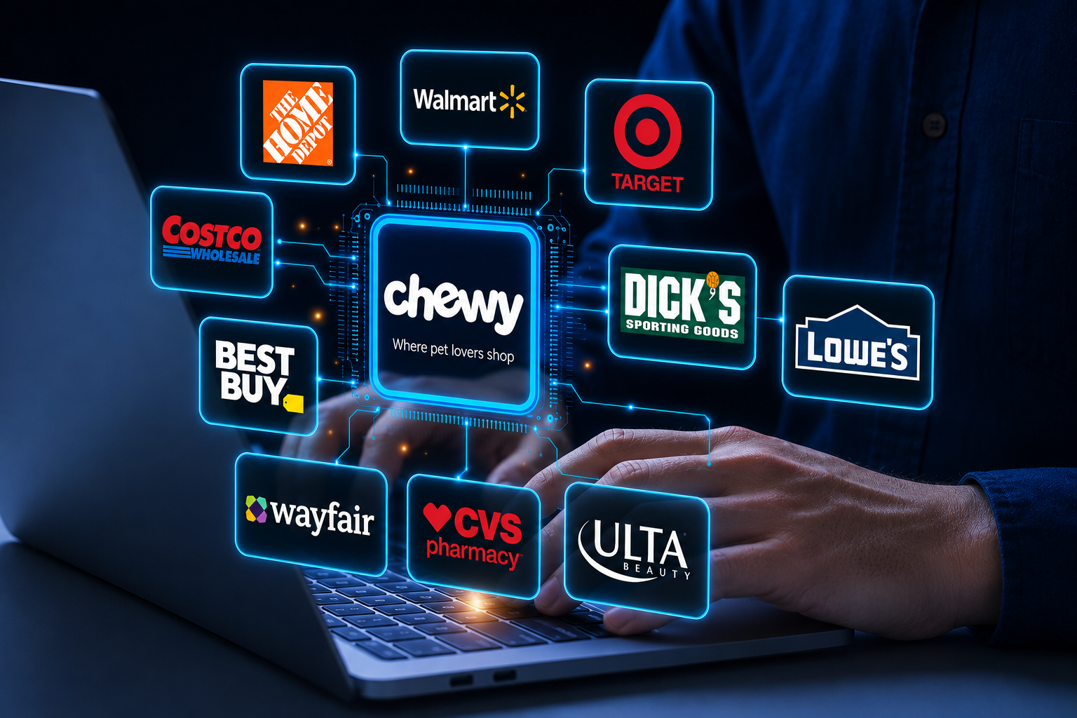 A digital display on a laptop showing a network of major national retail store logos, including Lowe's, Costco, Dick's Sporting Goods, Target, Home Depot, and Ulta Beauty, represented by DPG Distribution.