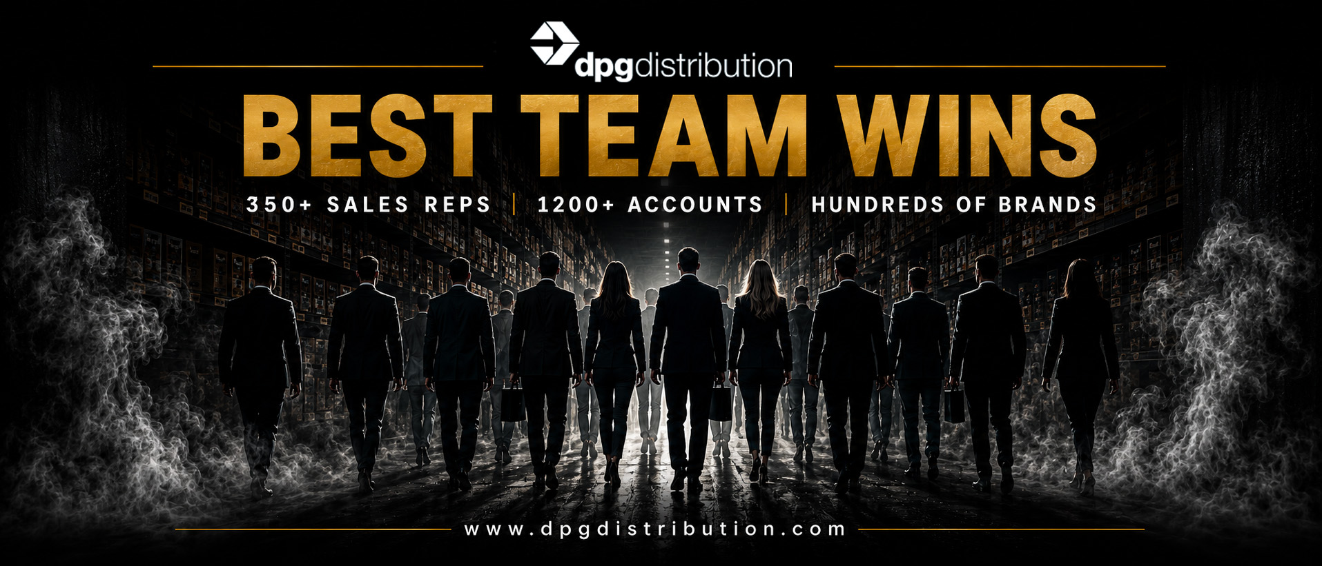 DPG Distribution corporate team silhouette banner with text reading Best Team Wins, showcasing 350 plus sales reps and over 1200 accounts.