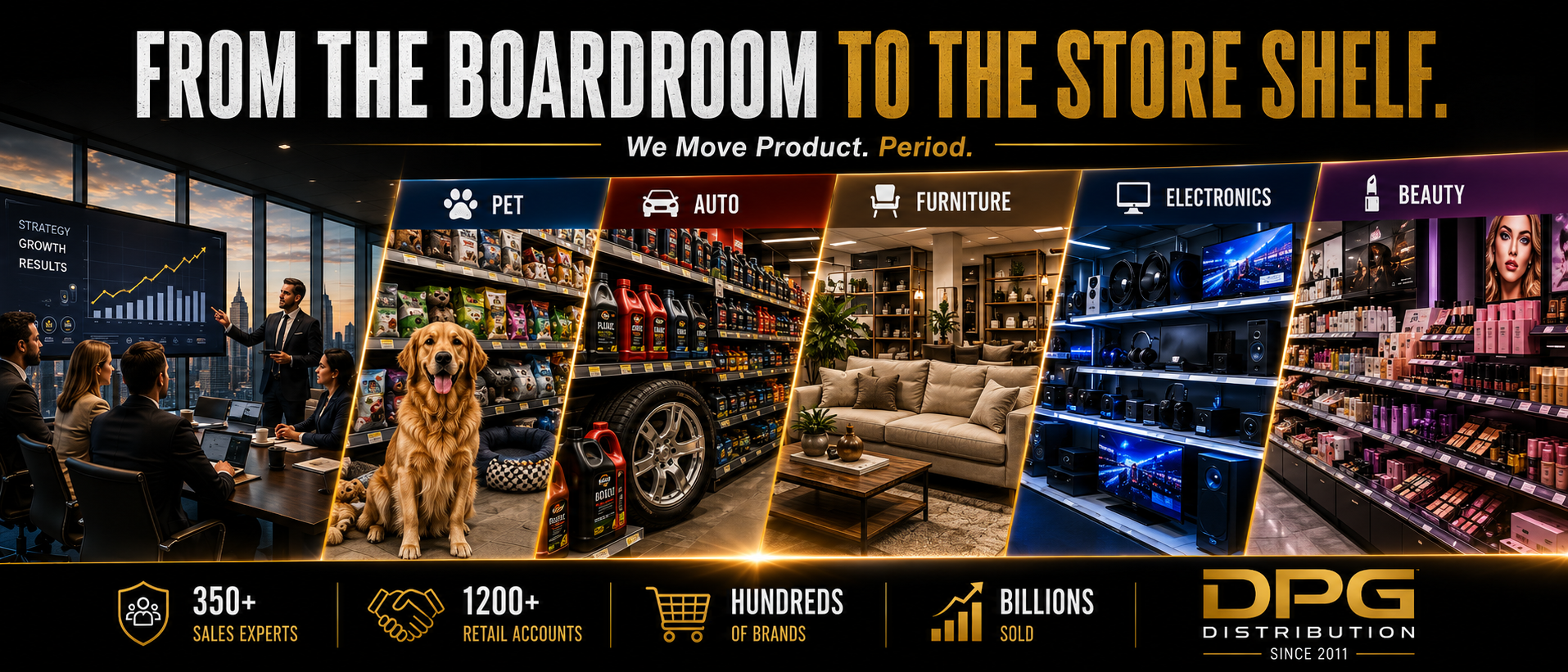 DPG Distribution retail strategy banner showing consumer products moving from the boardroom to the store shelf.