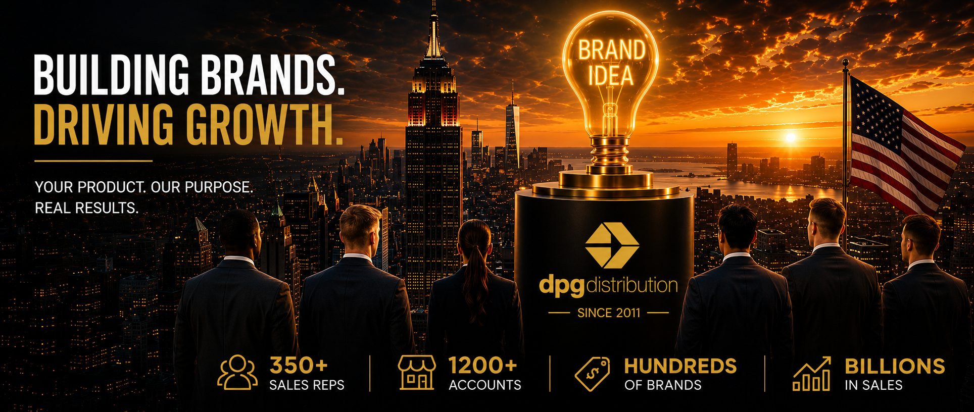 DPG Distribution master sales rep agency corporate graphic titled Building Brands Driving Growth, highlighting over 350 independent sales reps and 1200 accounts.