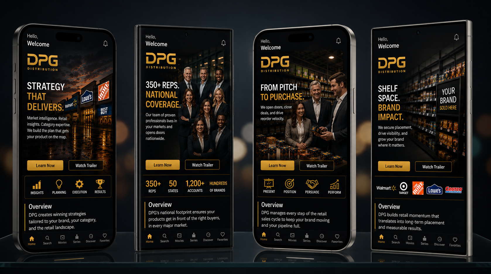 A multi-screen smartphone display presentation showcasing the DPG Distribution mobile app platform and digital retail management tools for brand owners.