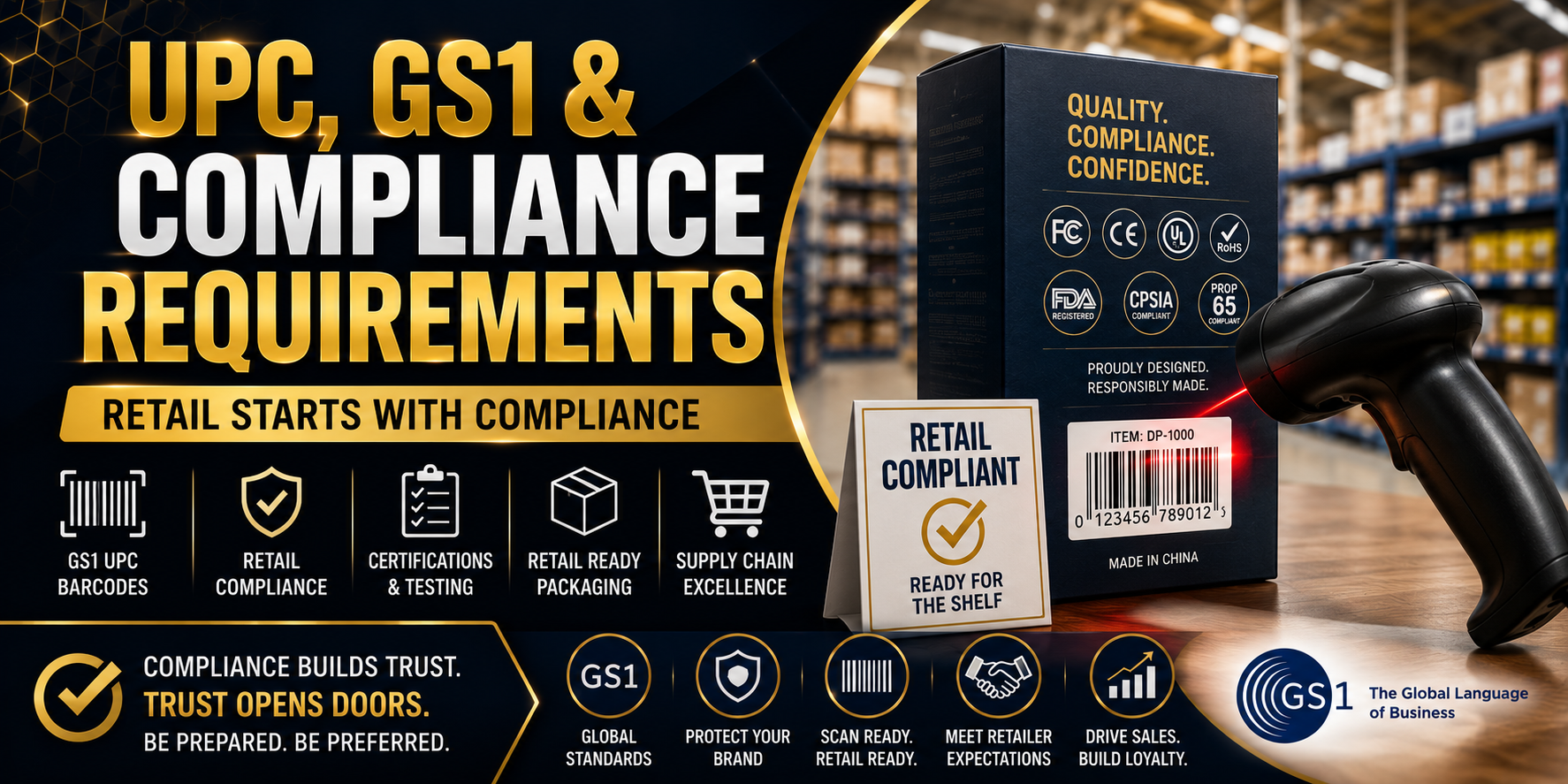 Infographic detailing UPC, GS1 barcode, packaging, and supply chain compliance requirements for retail placement by DPG Distribution.