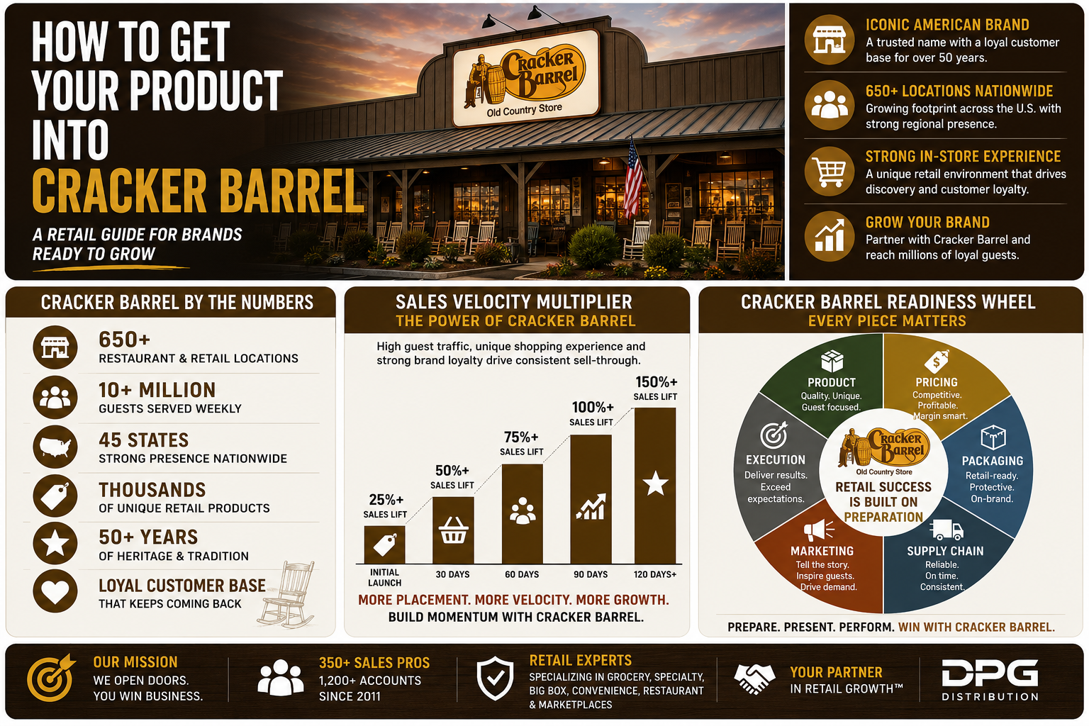 DPG Distribution Cracker Barrel sales representative team managing CPG brand pitch strategies, specialty retail onboarding, and product placement.