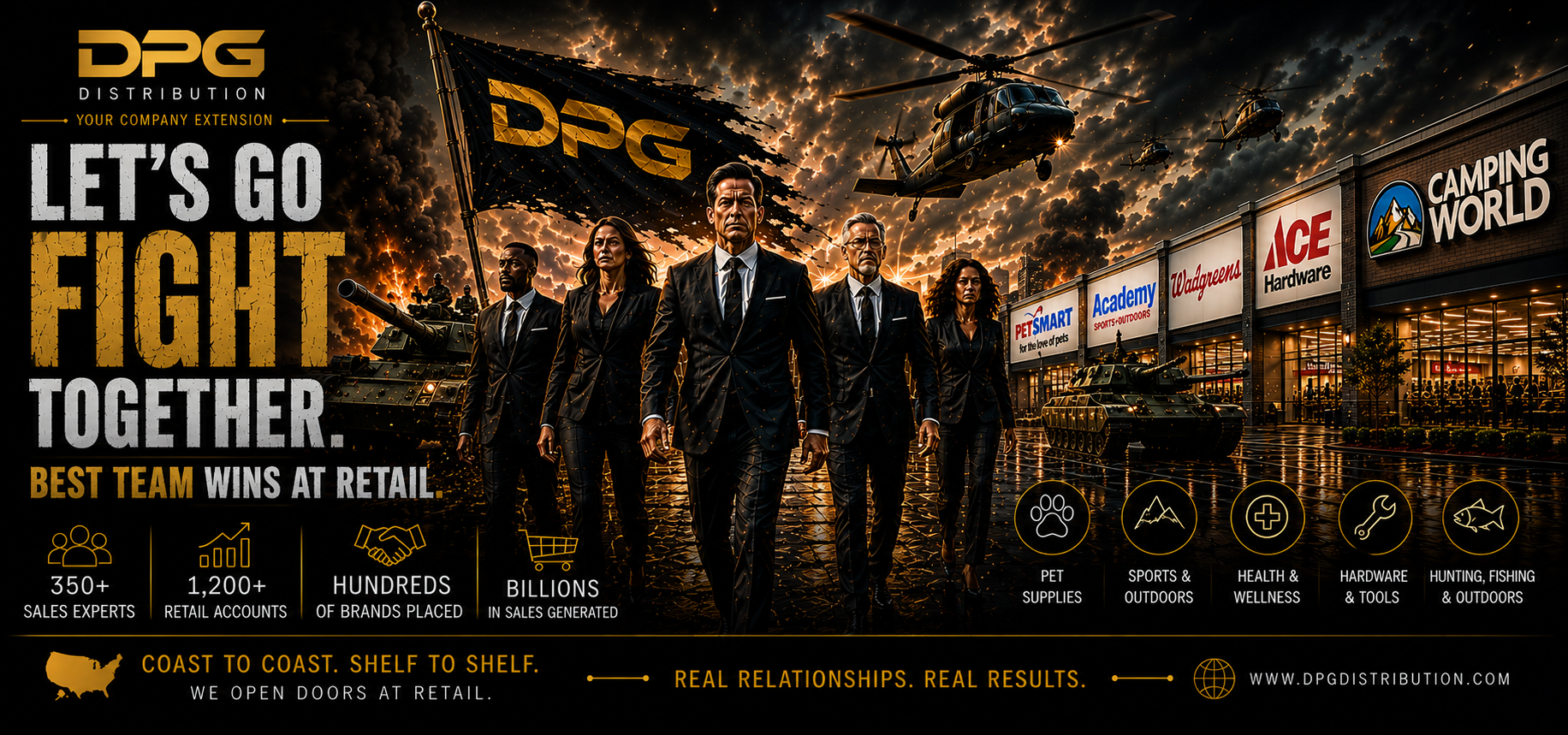 DPG Distribution promotional banner featuring a professional team under the headline Let's Go Fight Together, emphasizing retail success and master sales representation.