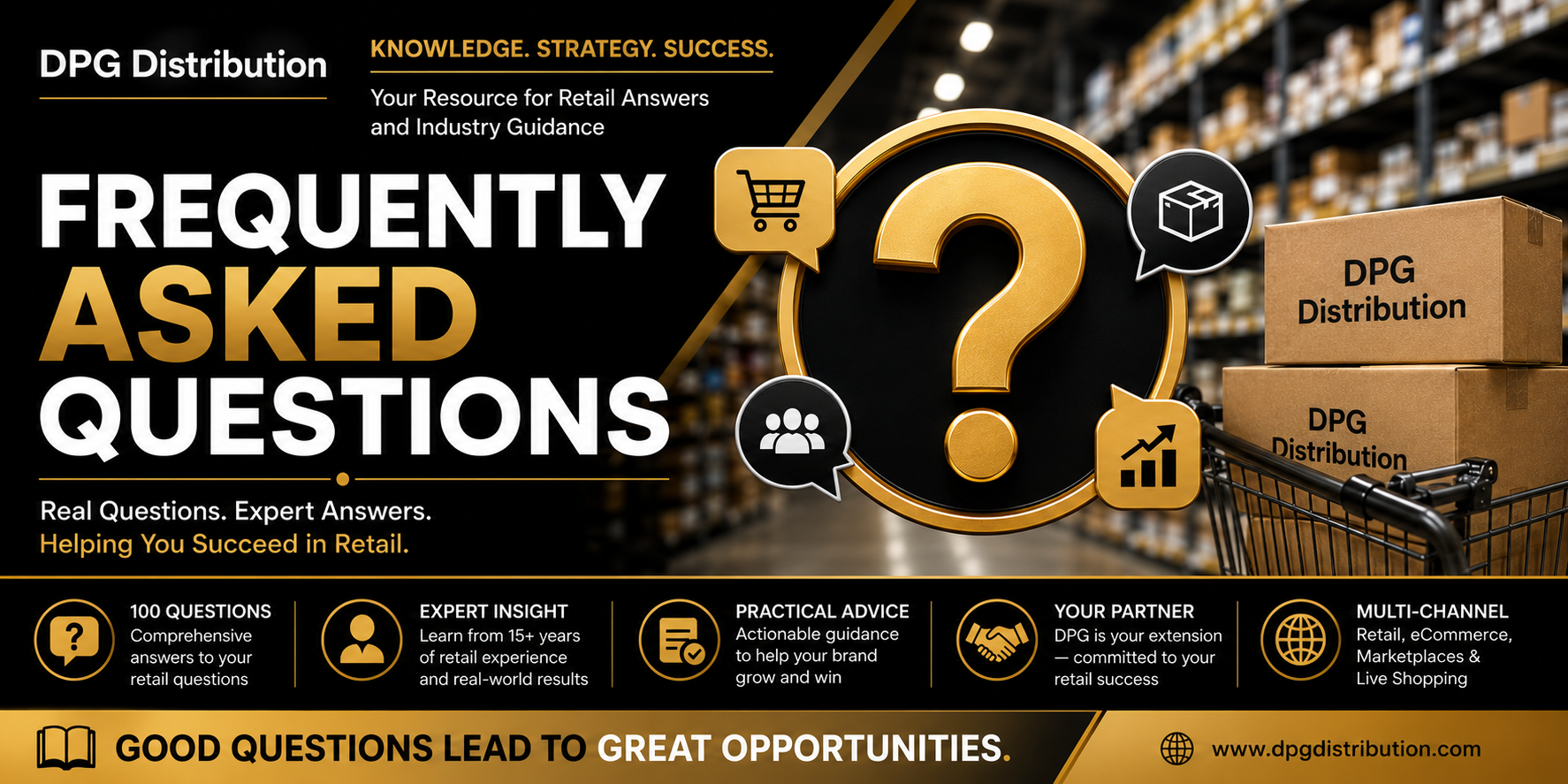 DPG Frequently Asked Questions graphic featuring retail industry guidance, retail readiness FAQs, and supplier strategy tips.