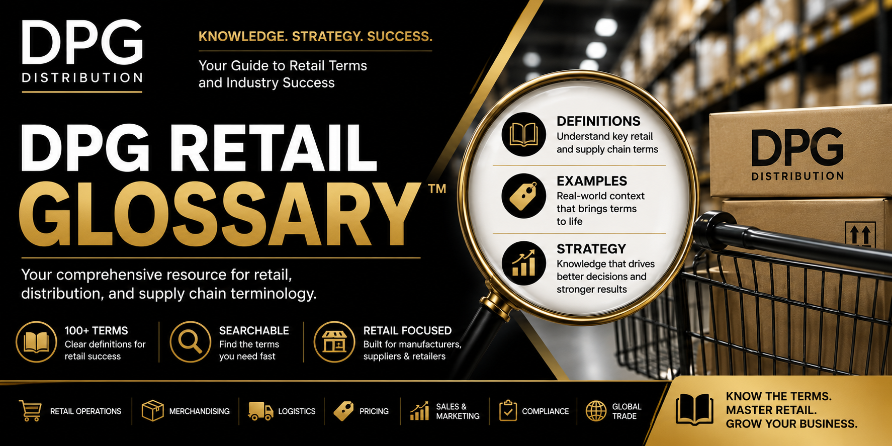 DPG Retail Glossary banner featuring key retail industry terminology, supply chain concepts, and distribution guide.
