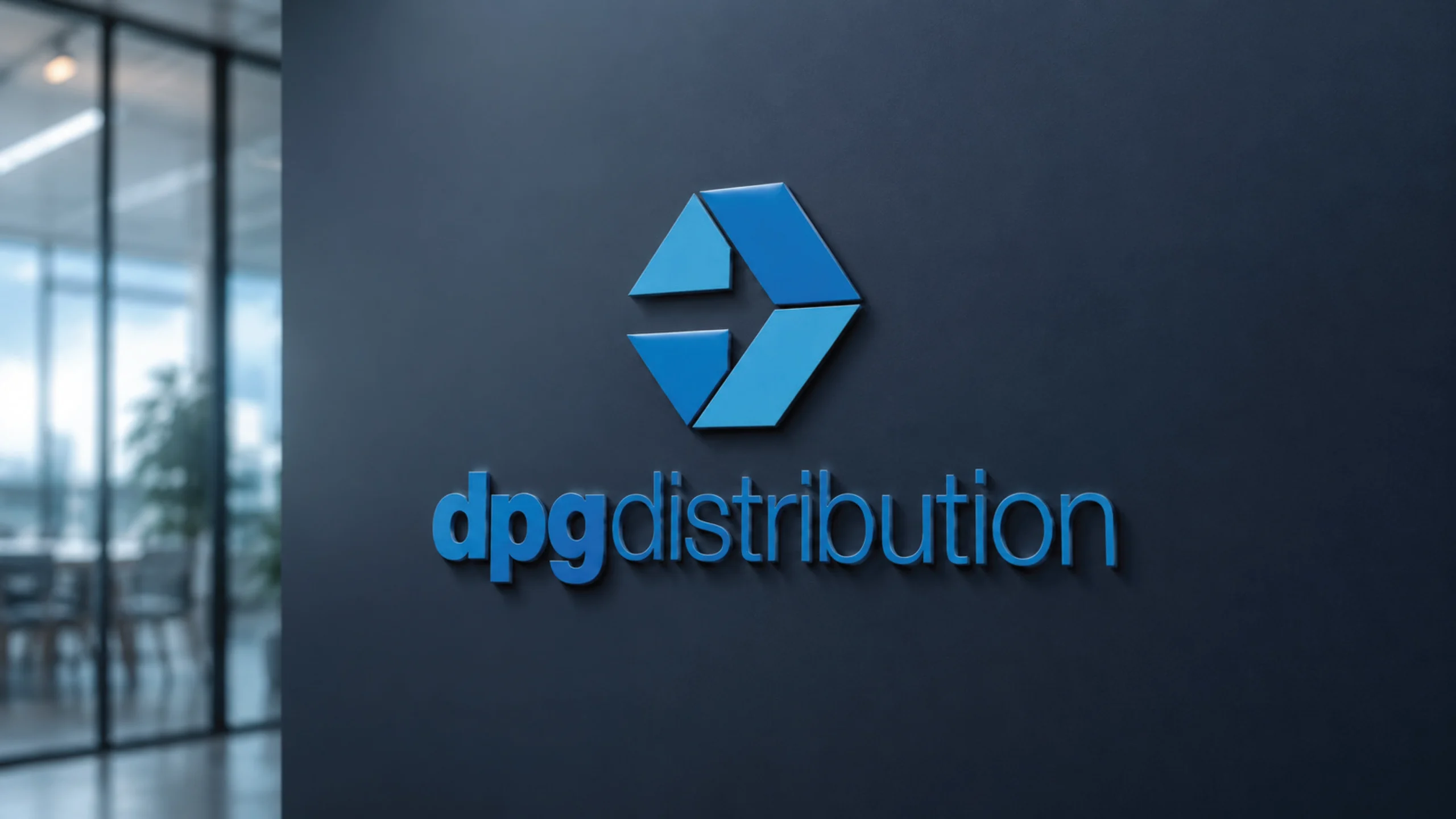 A large interior wall featuring the modern geometric blue and charcoal DPG Distribution logo.