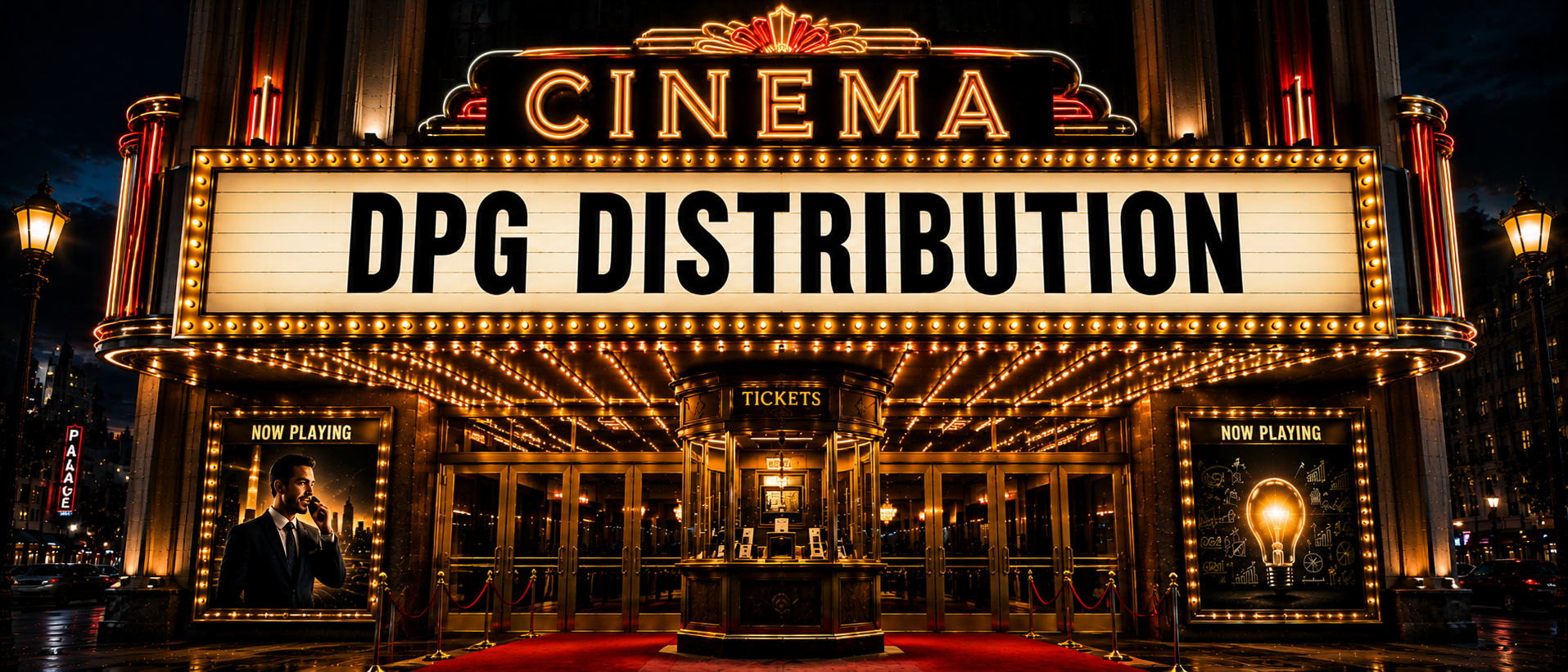 DPG Distribution cinema marquee display showcasing master sales rep solutions and major retail product placement success.