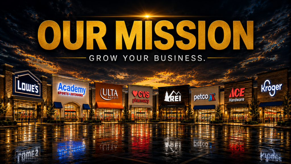 DPG Distribution corporate mission graphic titled 'Our Mission: Grow Your Business' showcasing storefronts of major nationwide retailers like Lowe's, Costco, and Ulta Beauty.