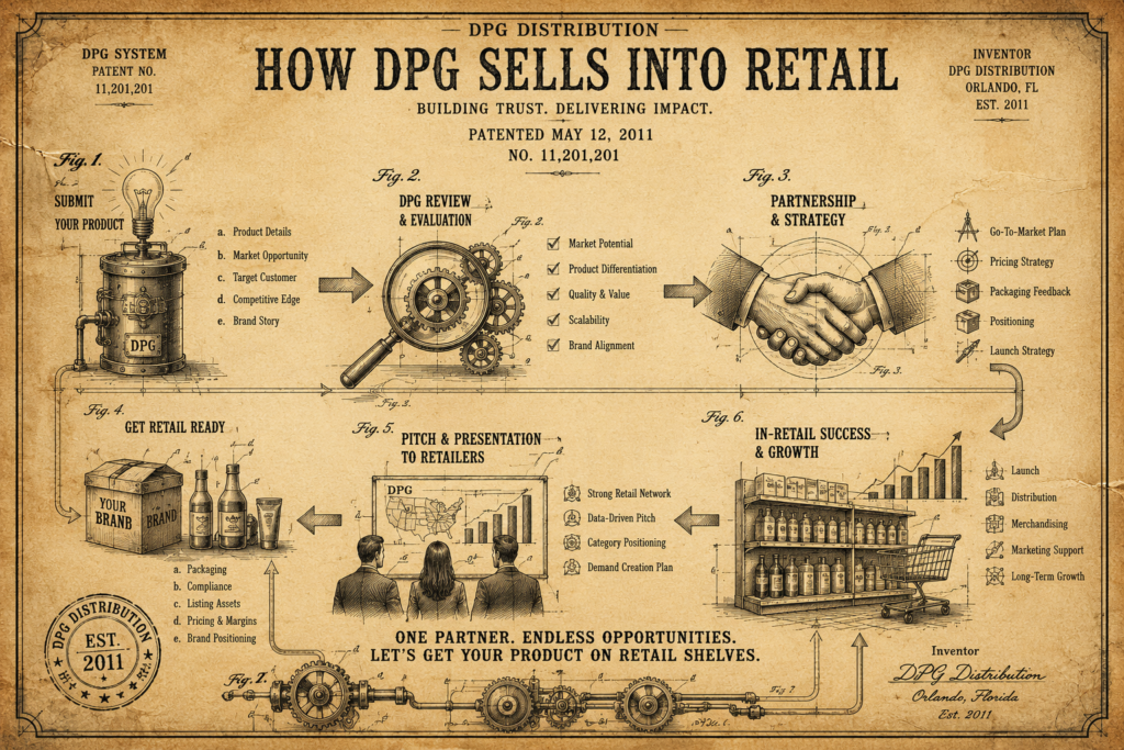 How DPG Sells Into Retail blueprint diagram detailing the product submission process, retail broker matching, and distribution strategy.