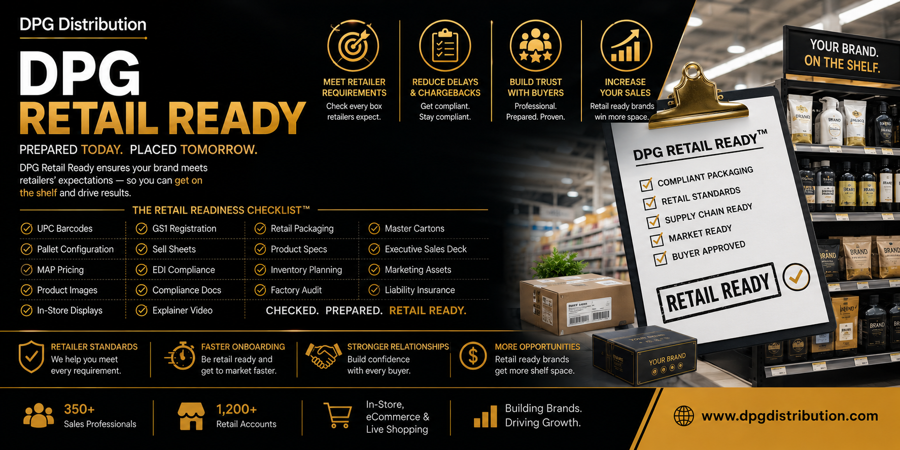 DPG Retail Ready banner featuring retail store distribution strategies, retail compliance checklists, and manufacturer expansion programs.