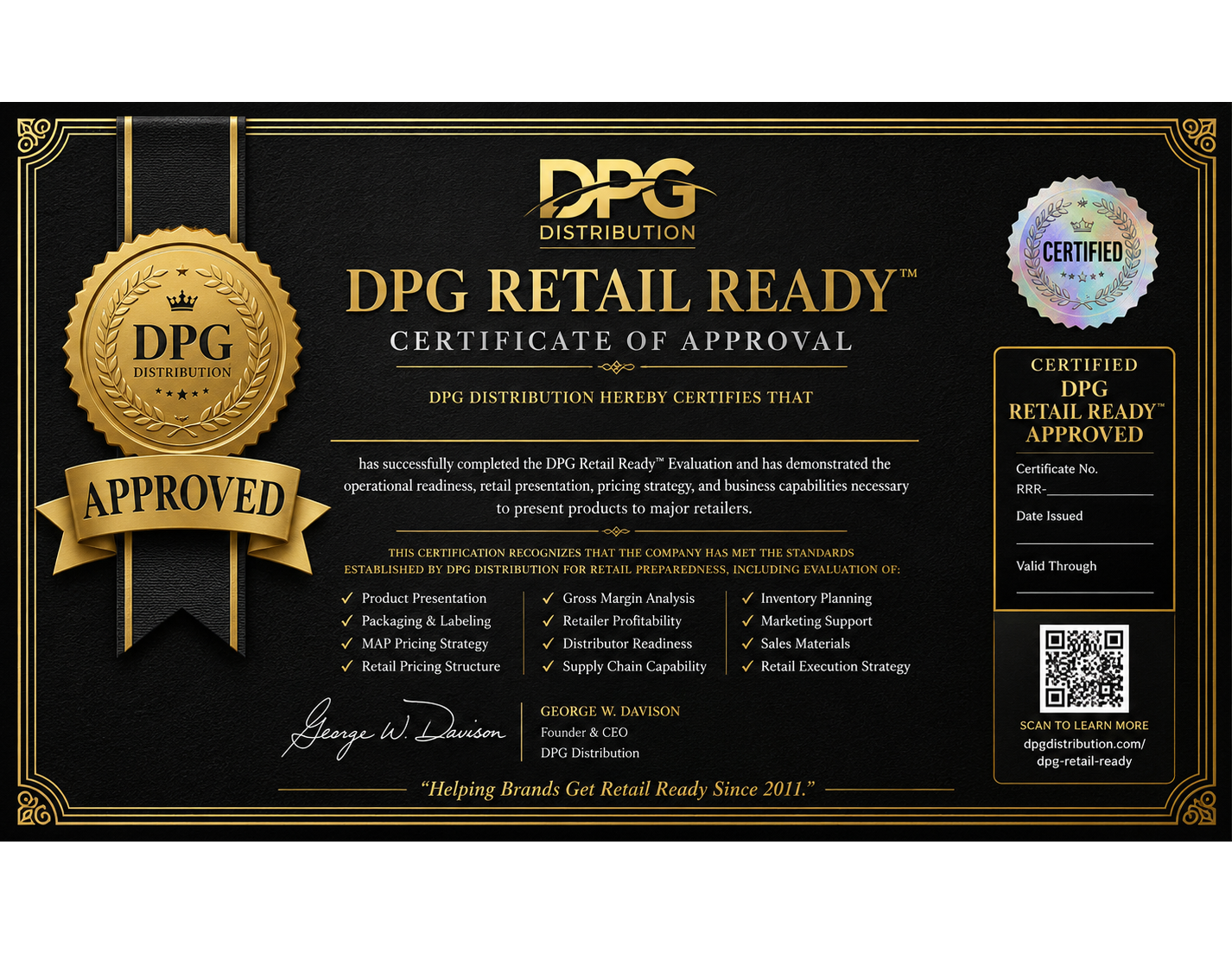 DPG Retail Ready Certificate of Approval showcasing retail compliance standards for emerging brands entering major retailers.