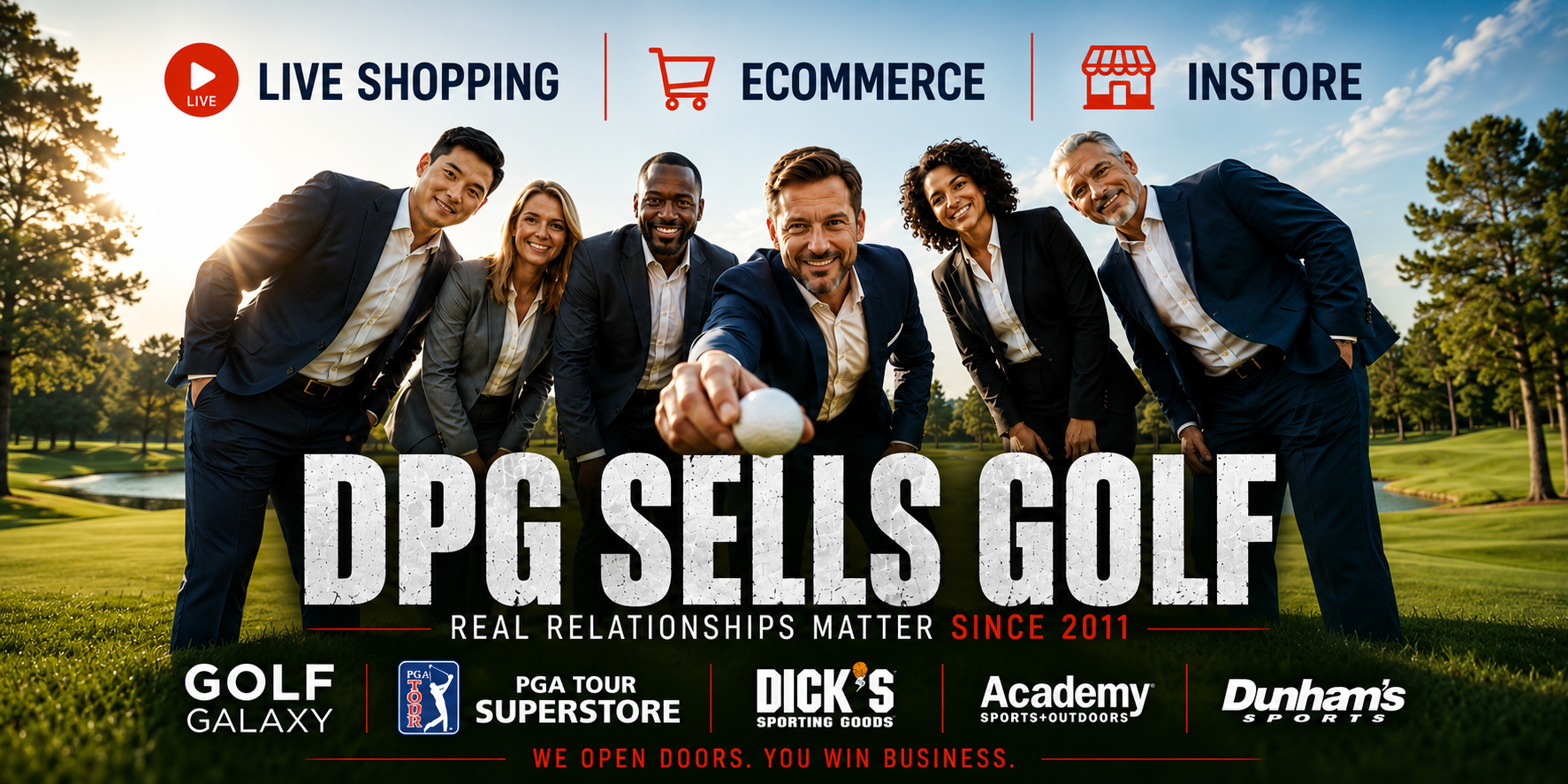 DPG Distribution promotional banner titled DPG Sells Golf showcasing their sports retail sales team alongside major golf retailer logos including PGA Tour Superstore, Dick's Sporting Goods, and Academy Sports.