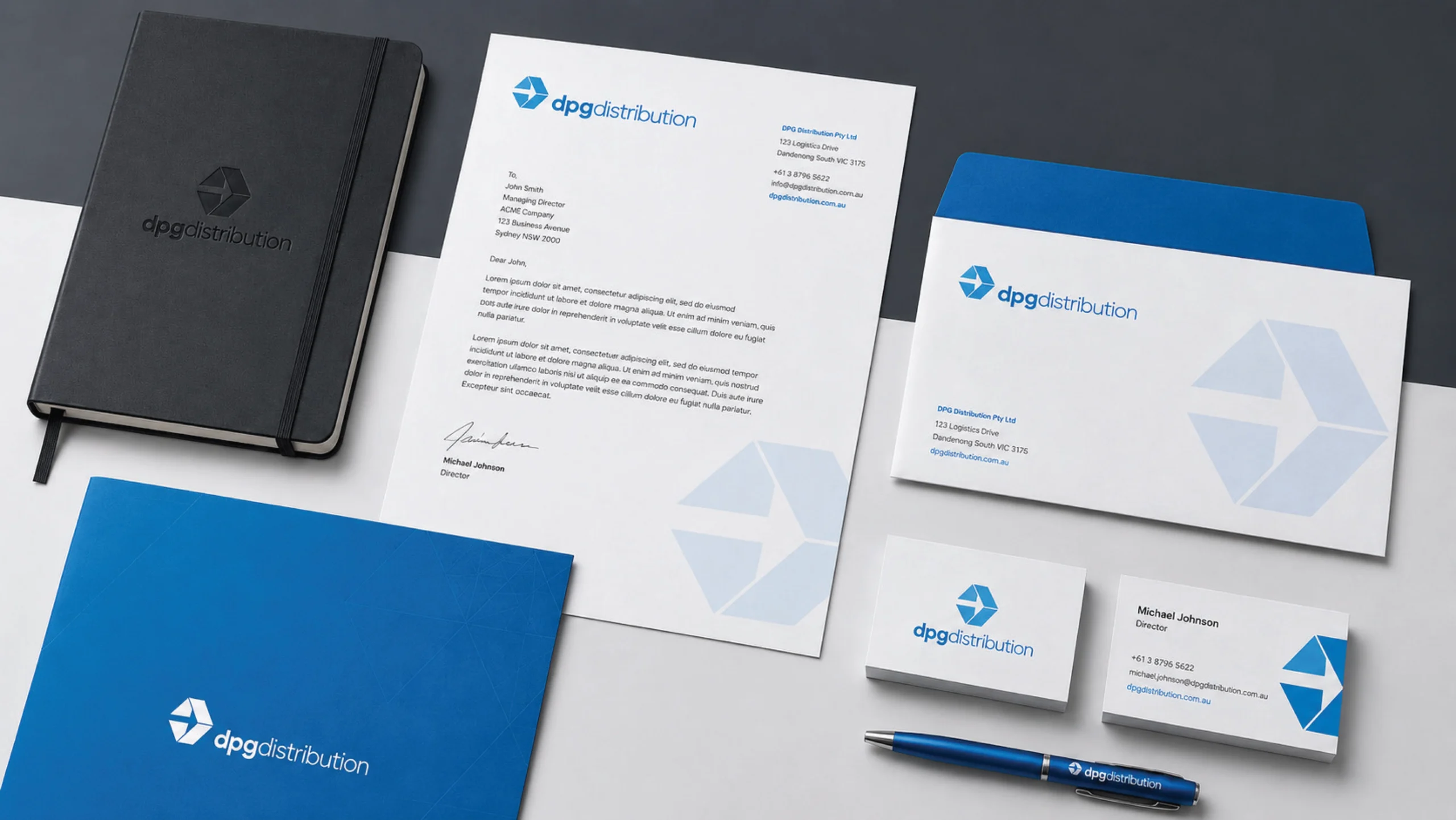 A professional corporate identity presentation showing DPG Distribution branded letterheads, business cards, envelopes, and folders organized on a clean blue background.