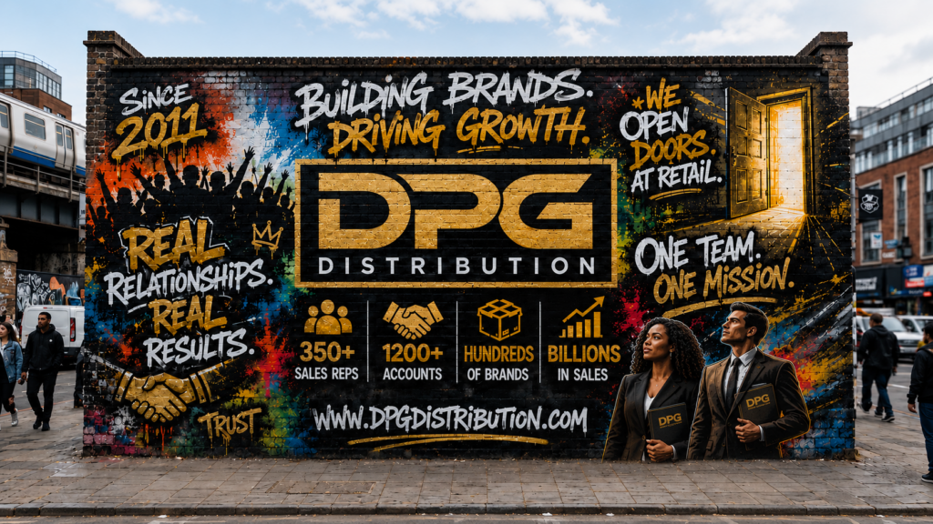 DPG Distribution corporate marketing graffiti wall showcasing retail growth metrics and retail broker network.
