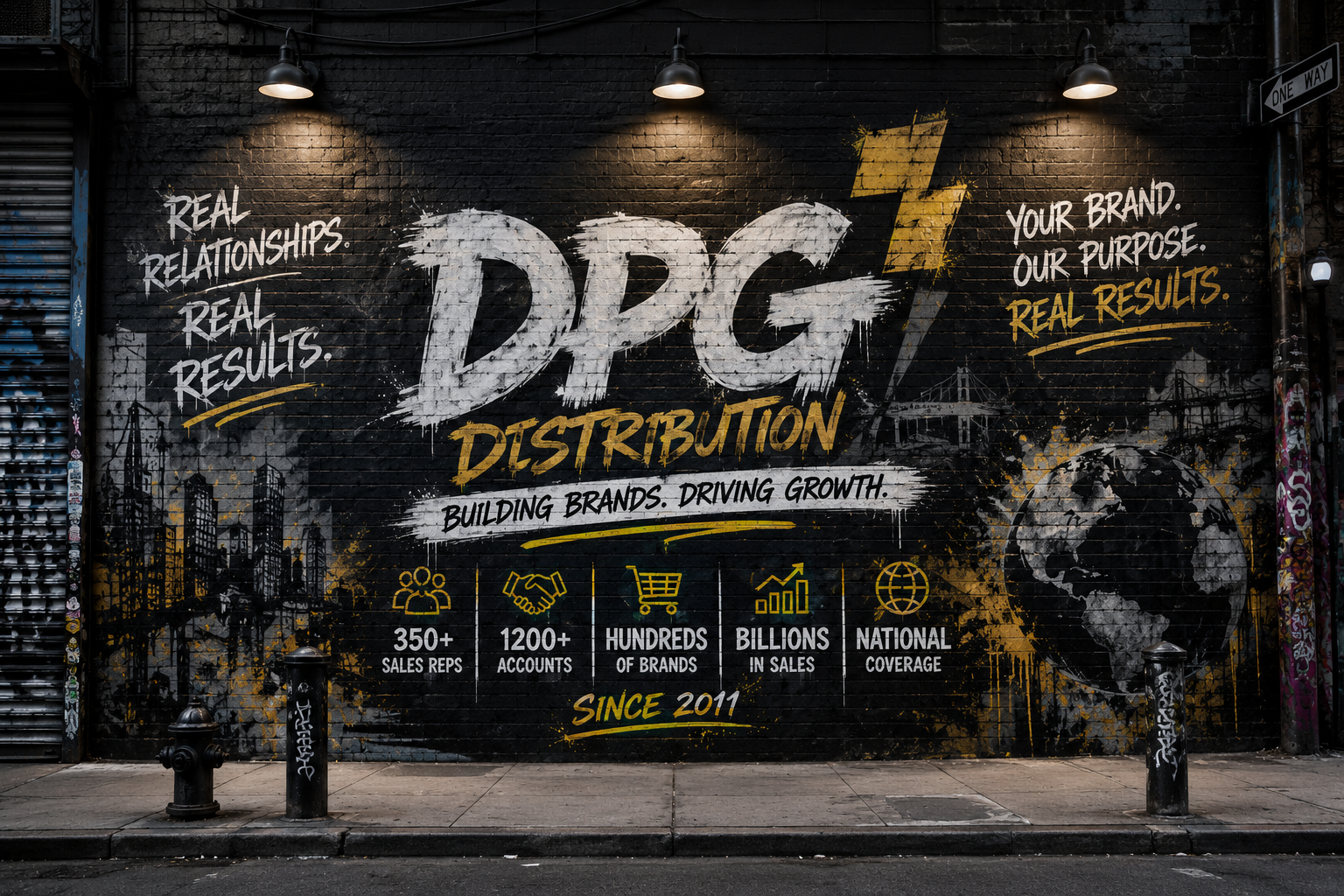 DPG Distribution retail success graphic displaying company milestones including 350+ sales reps, 1,200+ retail accounts, and billions in retail sales growth since 2011.