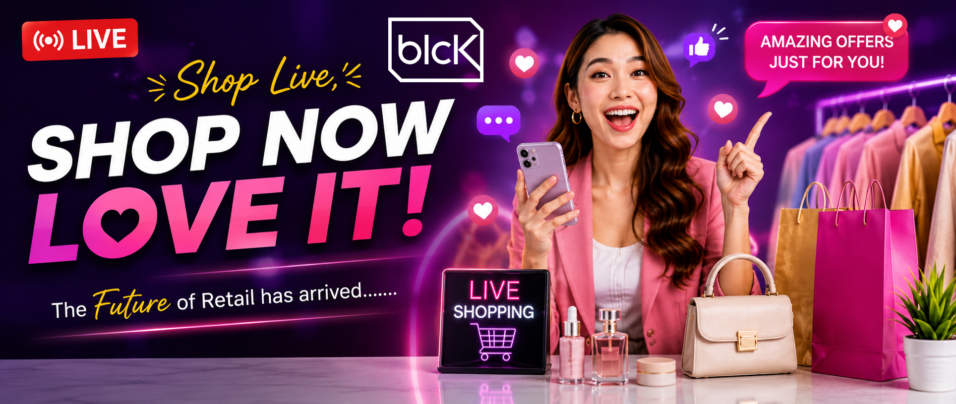 A live shopping host demonstrating products via smartphone stream, featuring the BLCK live commerce platform integration for DPG Distribution.
