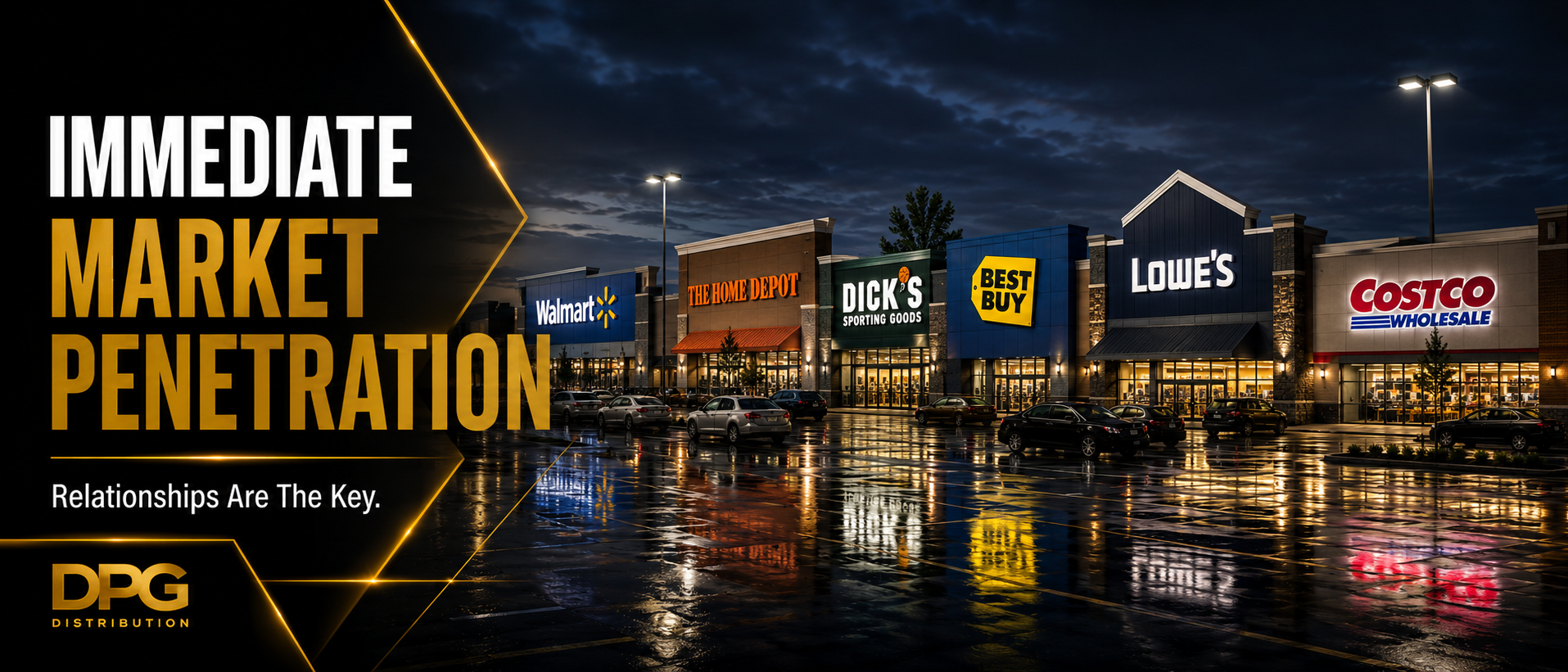 DPG Distribution graphic showcasing immediate market penetration for brands at major national retail stores.