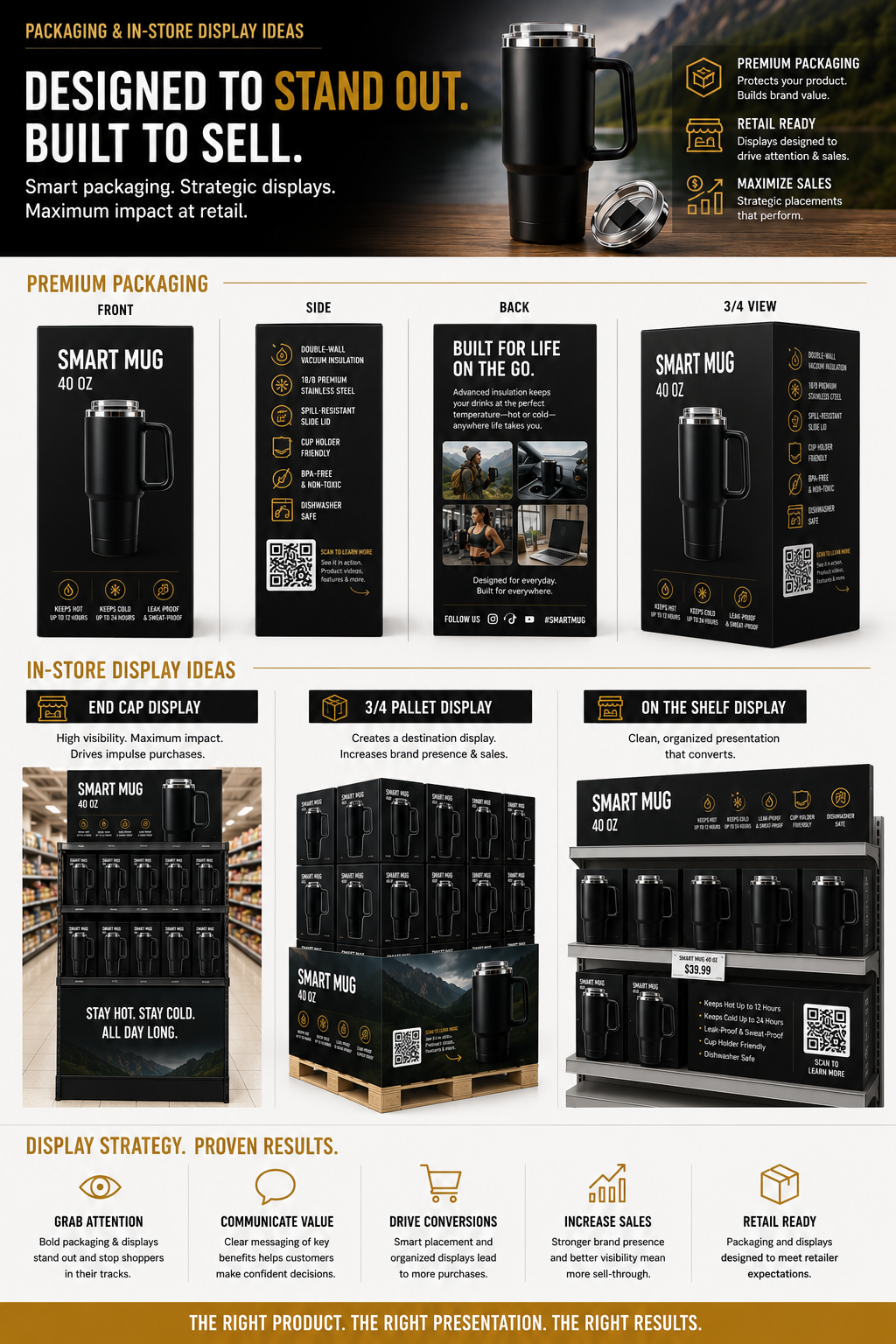 Example of a professional 1-page retail in-store display sheet highlighting brand merchandising options for retail buyers.