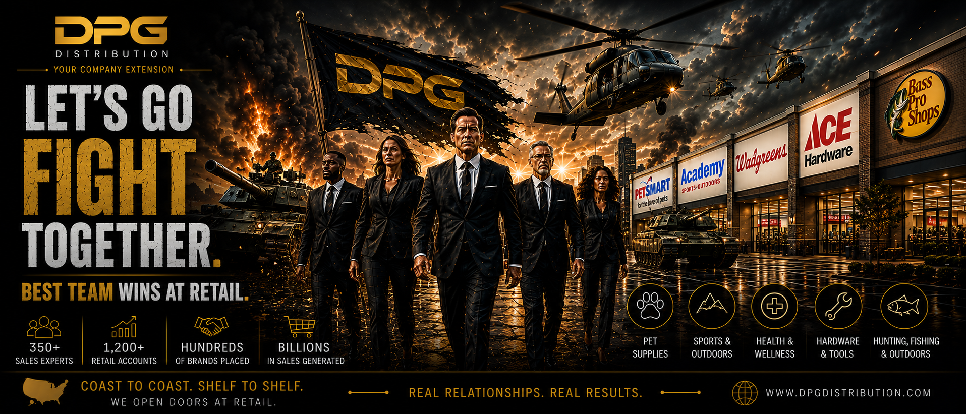 DPG Distribution executive sales team standing confidently in front of major retail storefronts, symbolizing retail placement expertise.