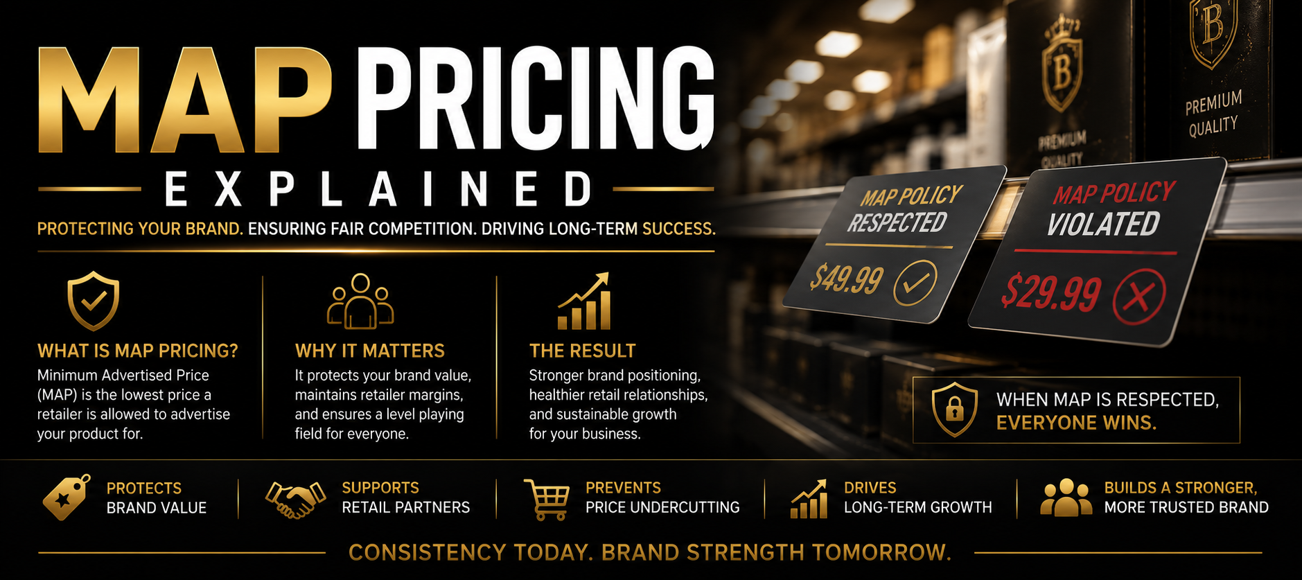 A professional dark and gold theme article graphic titled MAP Pricing Explained, detailing Minimum Advertised Price strategies for brands entering retail distribution.